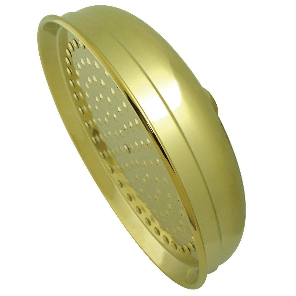 Kingston Brass Victorian raindrop shower head, 10-inch polished brass finish, with a round design and multiple spray nozzles.