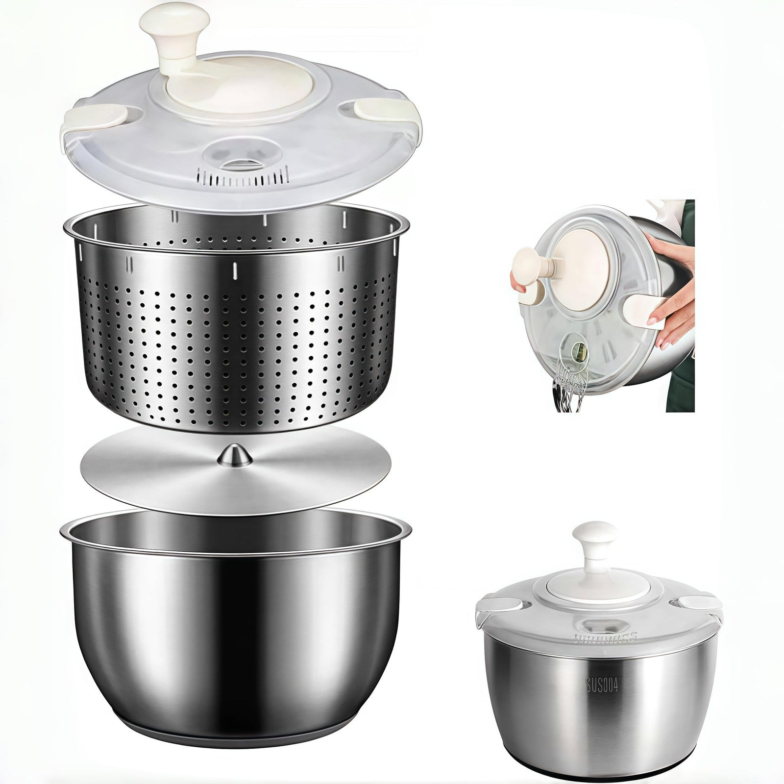 6L stainless steel salad spinner for vegetables and lettuce, with a fruit wash function, by Generic.