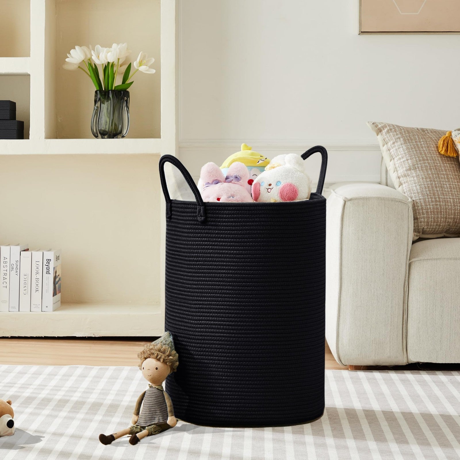 MOJOSCEND black woven rope laundry hamper with tall, modern design for clothes storage