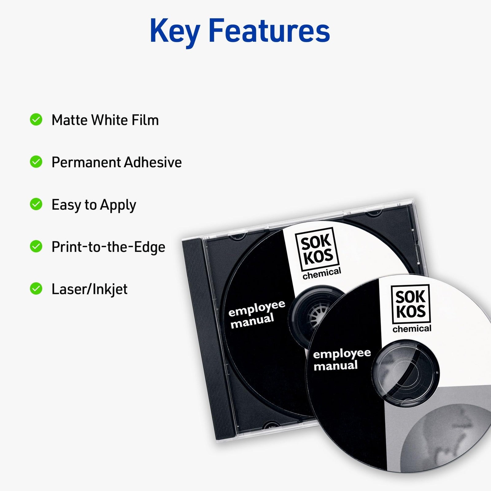 Avery printable DVD labels on matte white film with permanent adhesive, suitable for laser and inkjet printers.