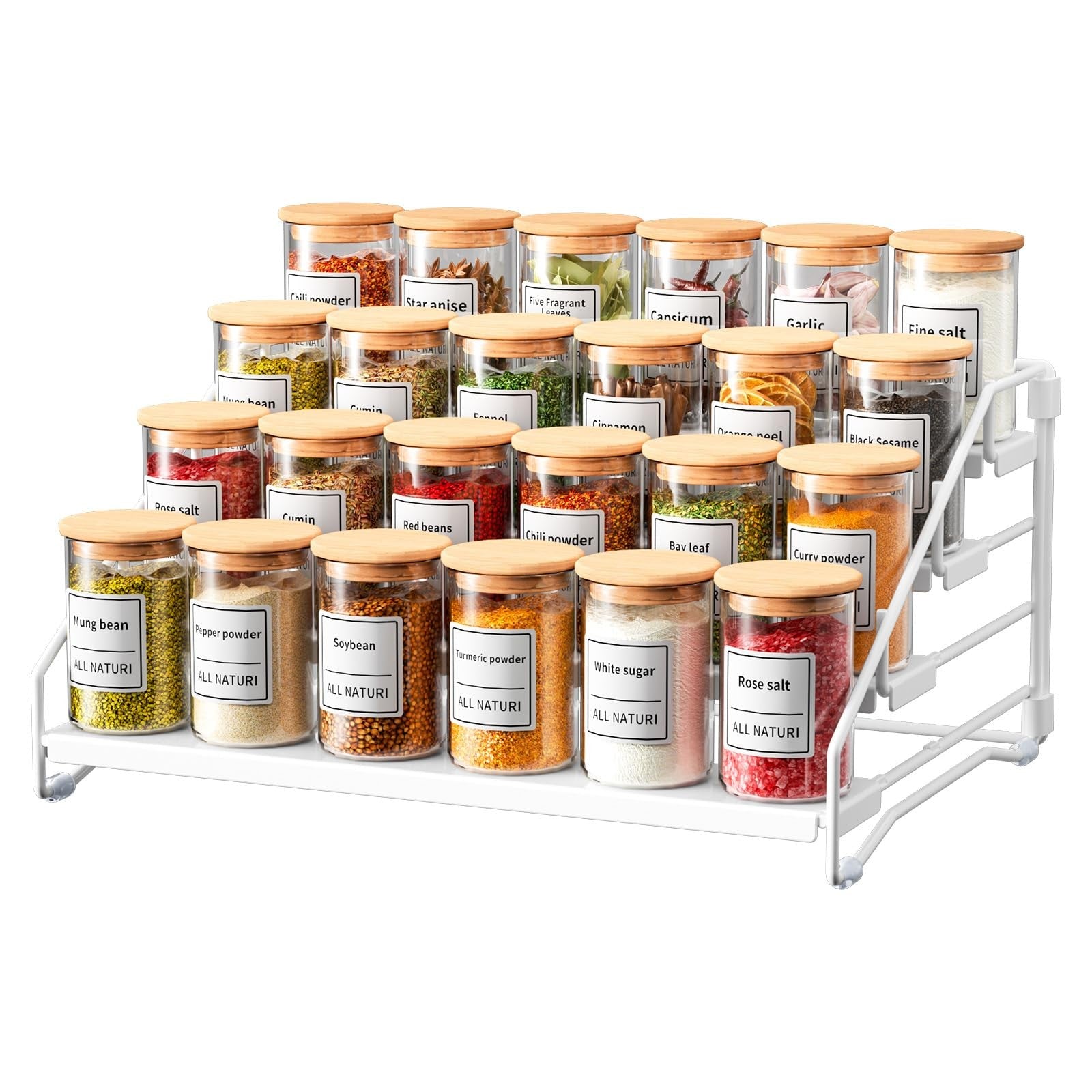 RCHYFEED 4-tier spice rack organizer for cabinet, with multiple shelves holding spice jars and bottles neatly arranged inside a kitchen cabinet.
