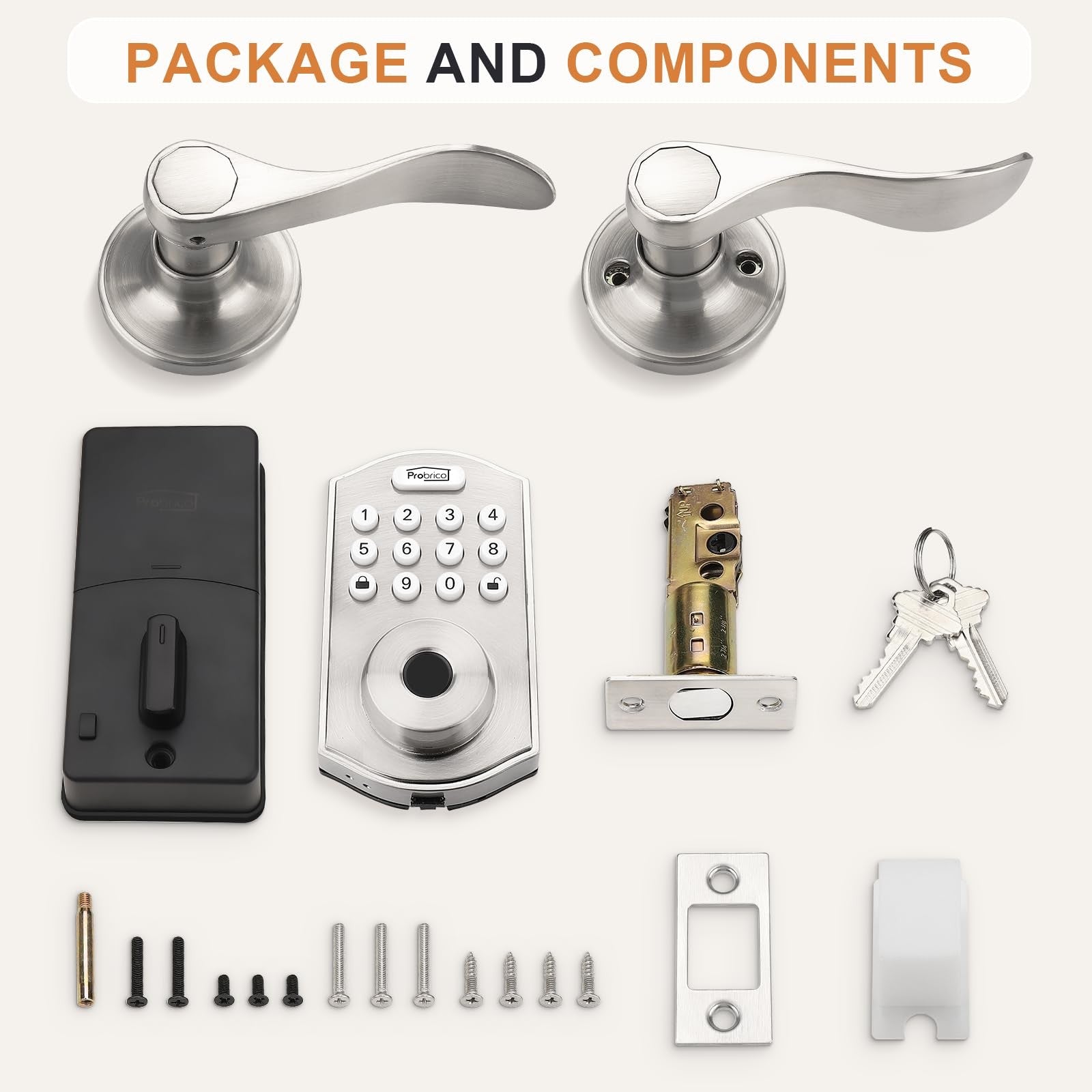 Probrico smart door lock with satin nickel finish, keypad entry, keyless access, and modern security features for residential doors.