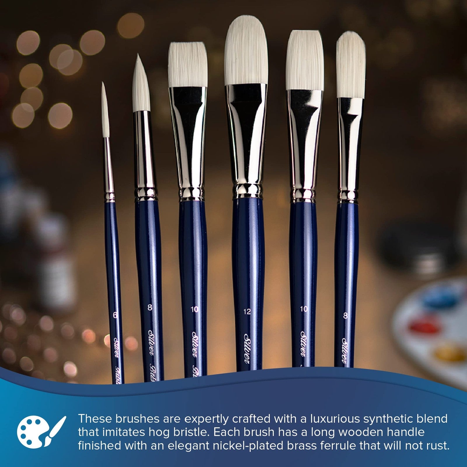 Silver Brush Limited 1903-8 Bristlon Filbert paintbrush for oil and acrylic paints, with a silver metal ferrule and natural bristle filbert tip.