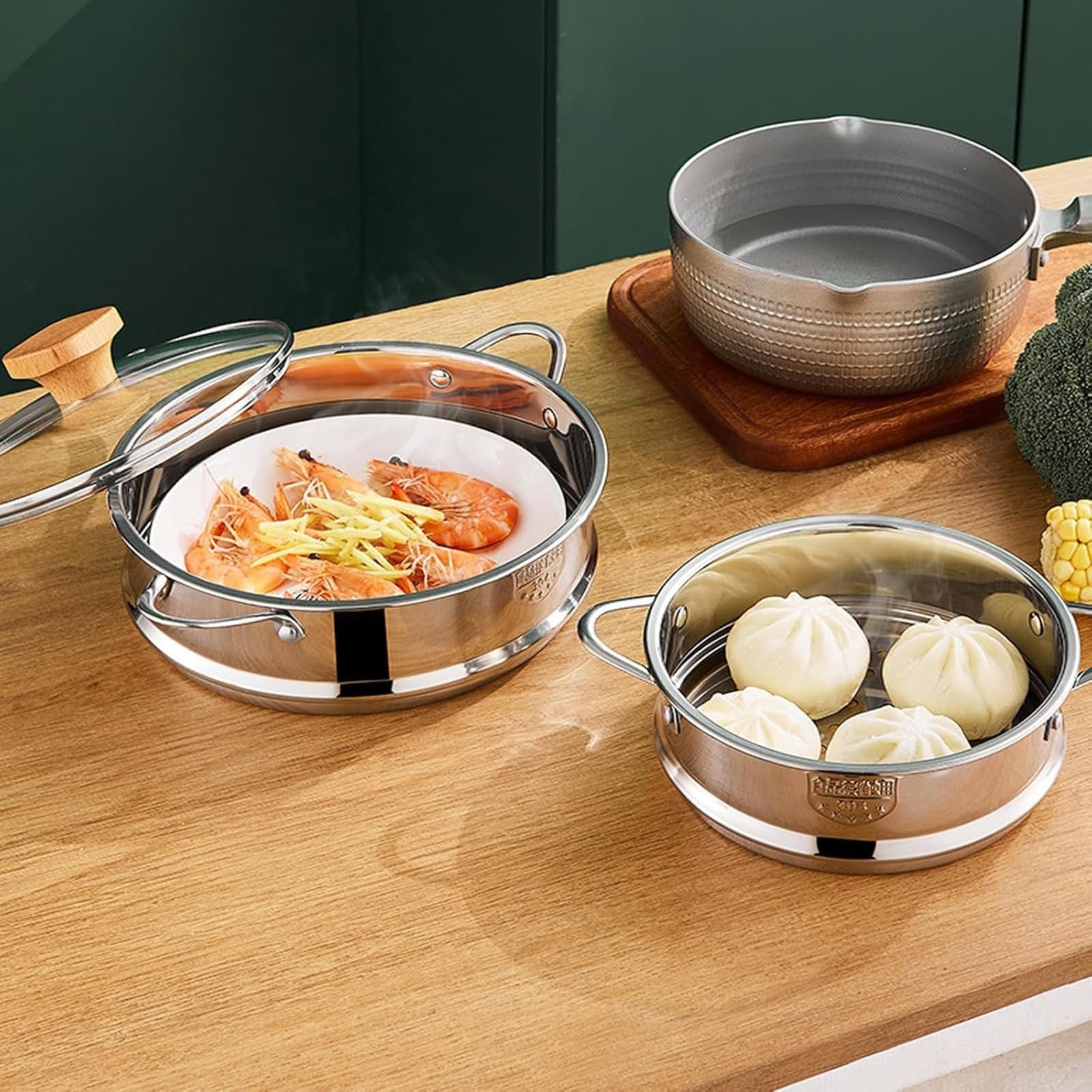 BinaryABC stainless steel dumpling steamer basket for pot, 26cm steamer insert with perforated design for steaming dumplings and vegetables.