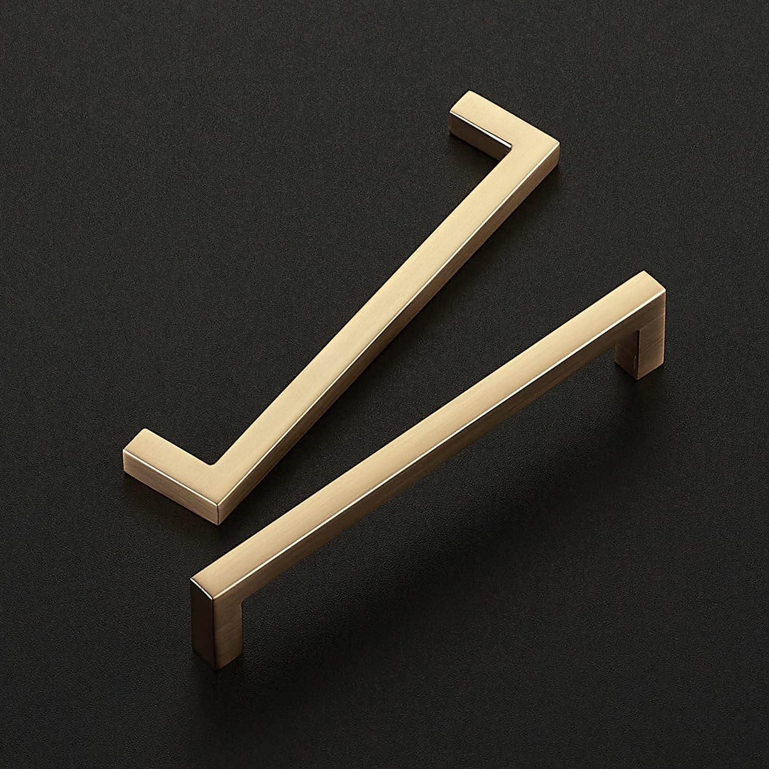 Set of 10 Ravinte 5-inch slim square cabinet handles with champagne finish, centered mounting for modern kitchen or furniture use.