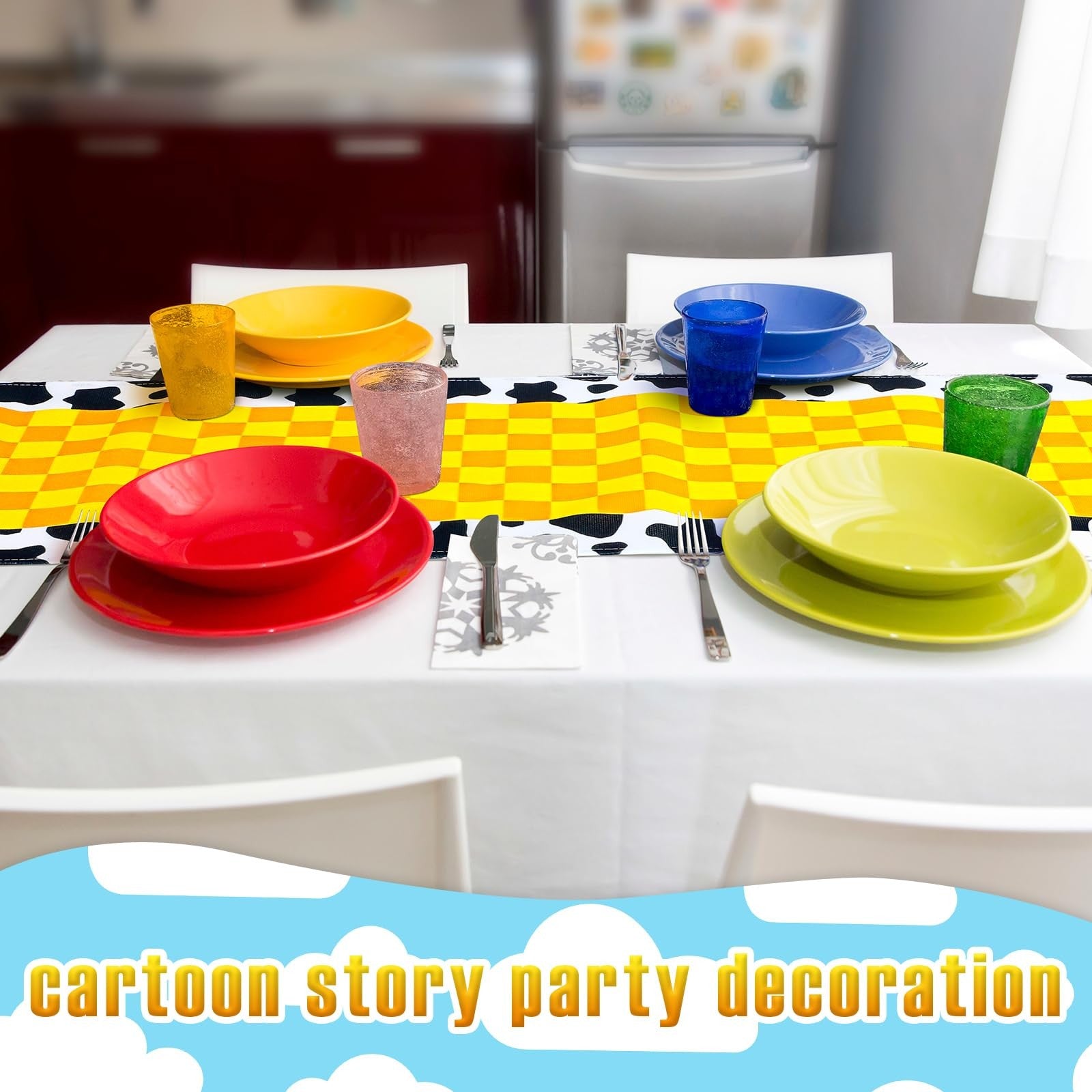 Windkream cartoon table runner with playful designs, measuring 1.08 x 6 feet, perfect for birthday party table decor.