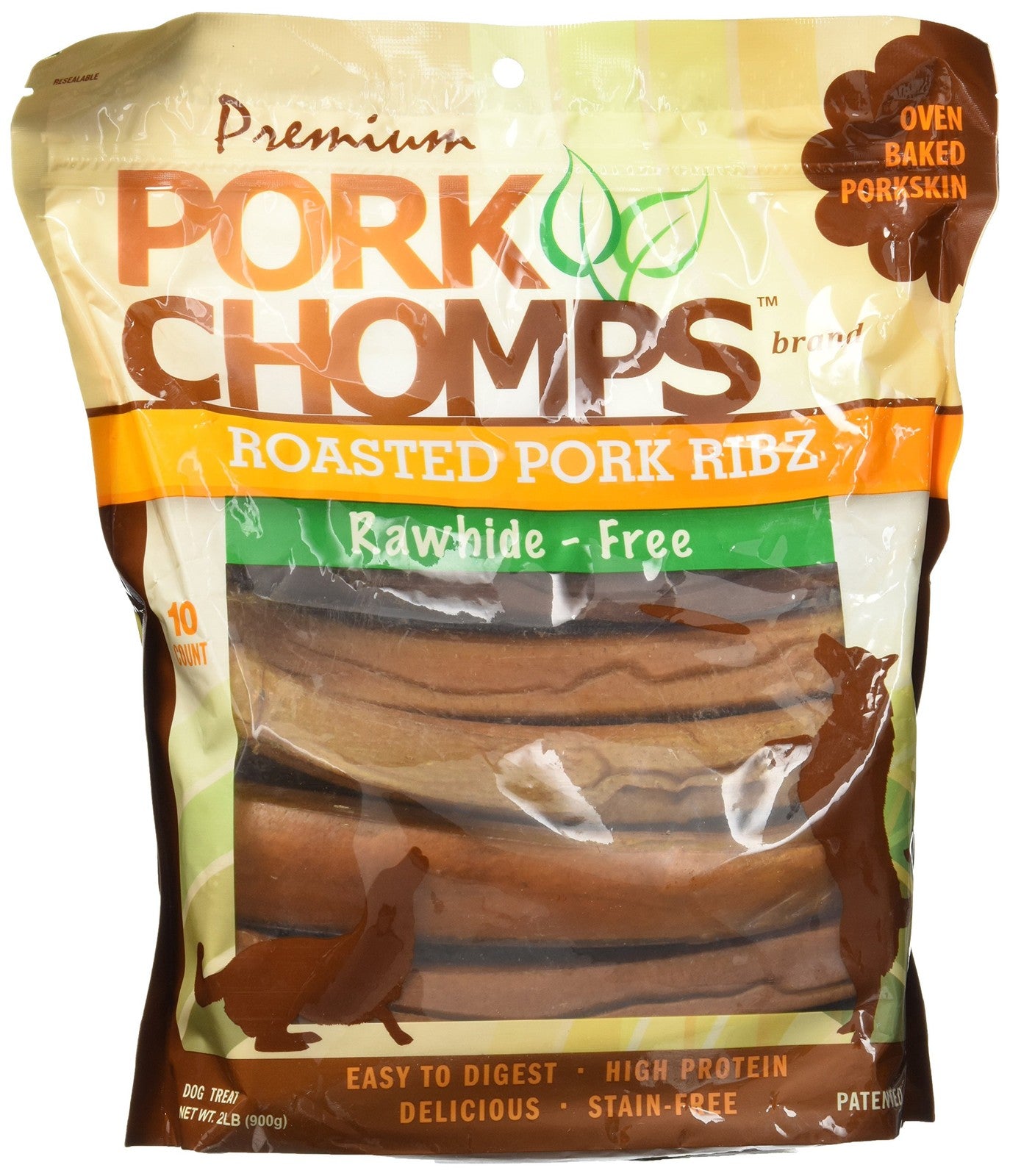 Scott Pet Pork Chomps dog chews bundle featuring roasted pork skin in ear and rib shapes for dogs.