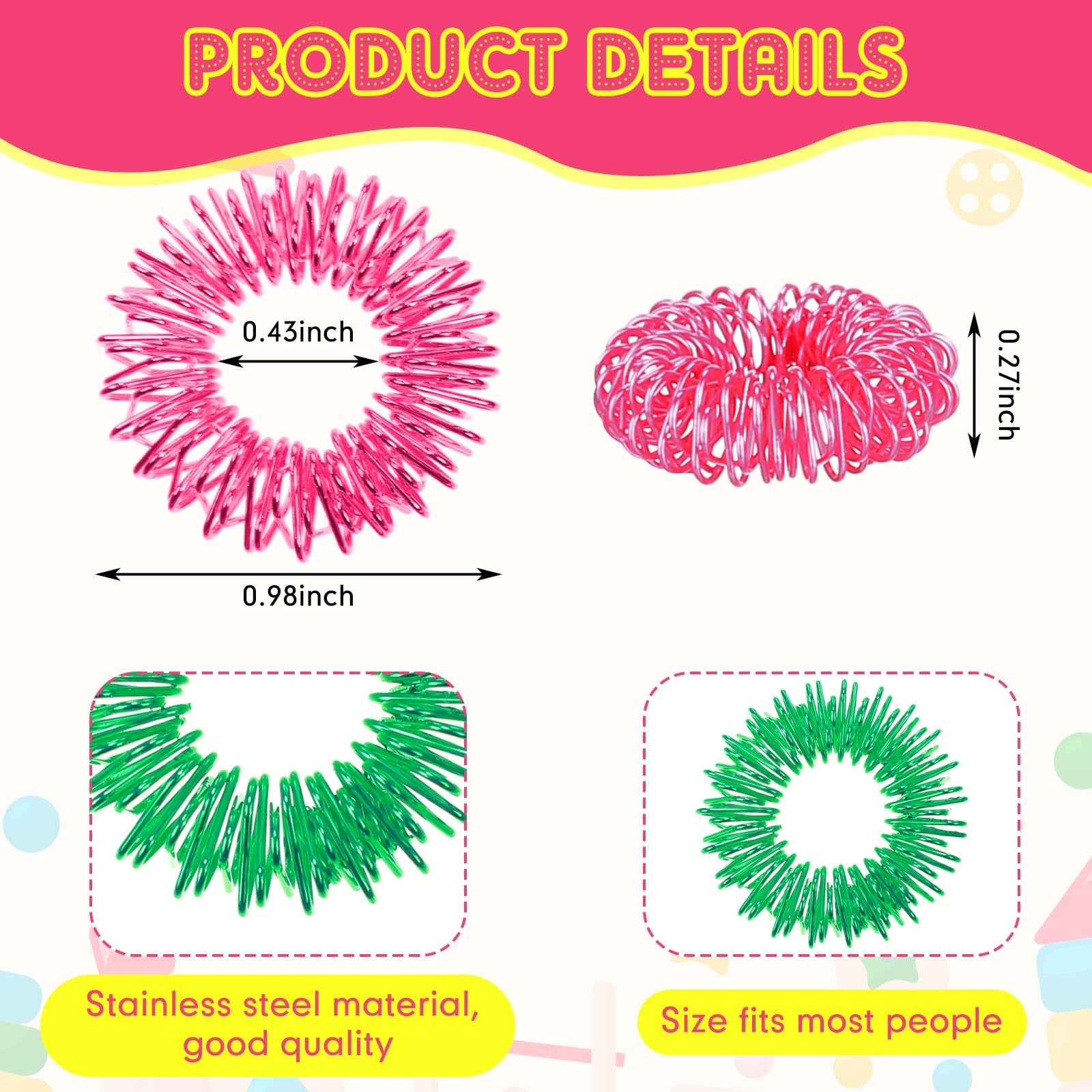 Nuogo 500 pcs spiky acupressure finger rings for stress relief, sensory stimulation, and fingertip massage, shown in a colorful array.