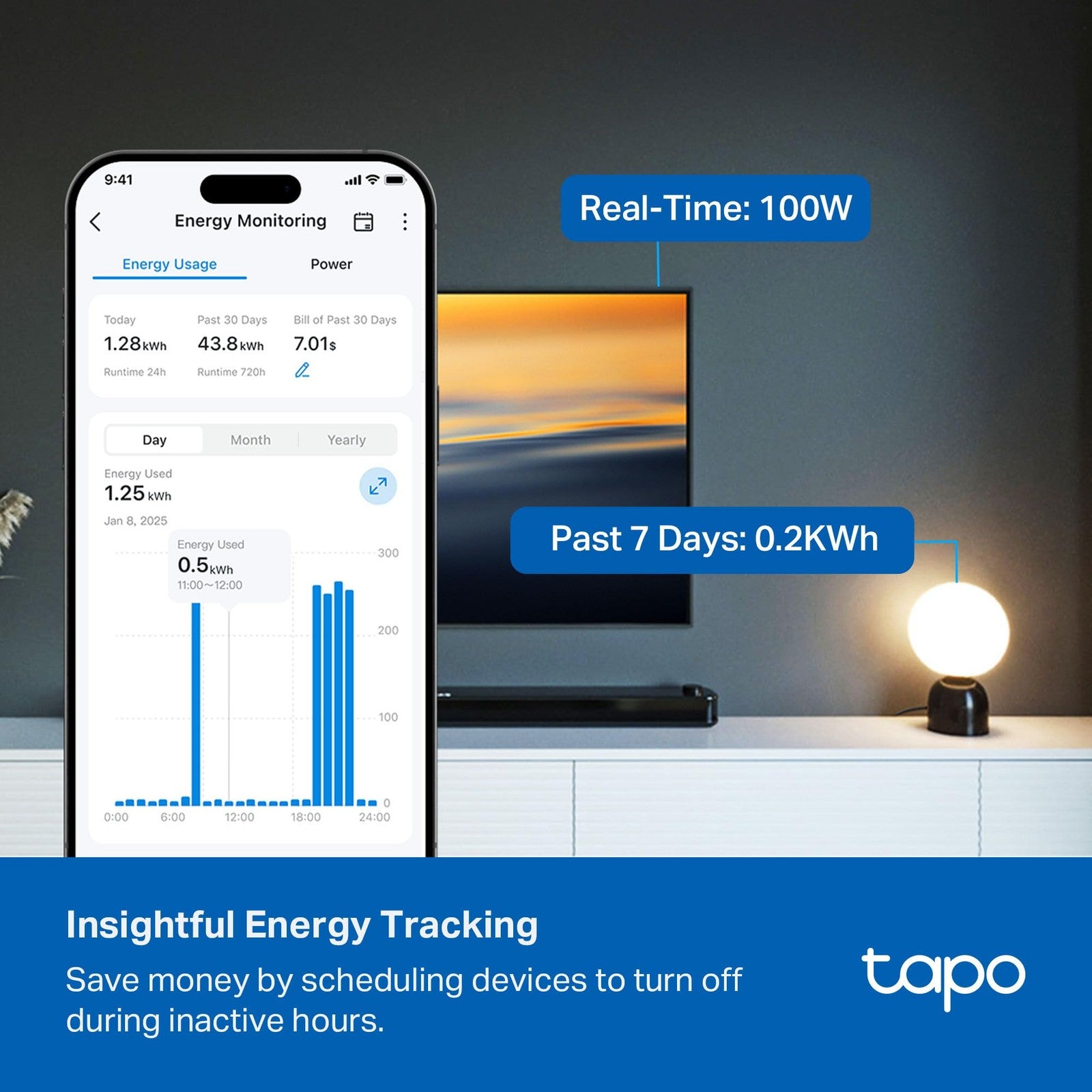 Tapo Smart Wi-Fi Power Strip with energy monitoring and surge protection, featuring multiple outlets and Matter compatibility.