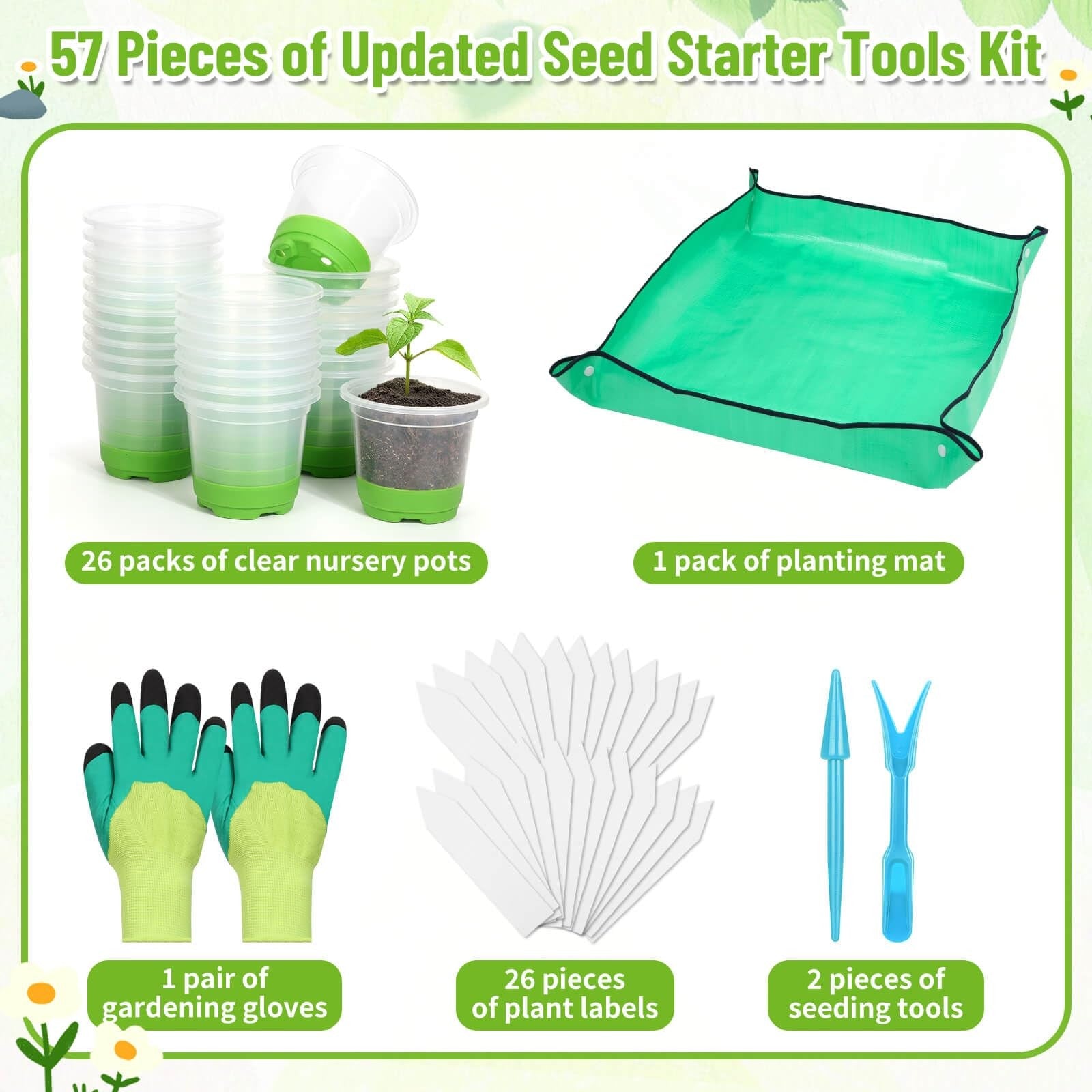Caffox 57-piece reusable seed starter kit with 26 clear 4-inch nursery pots and gardening tools for planting and propagation.