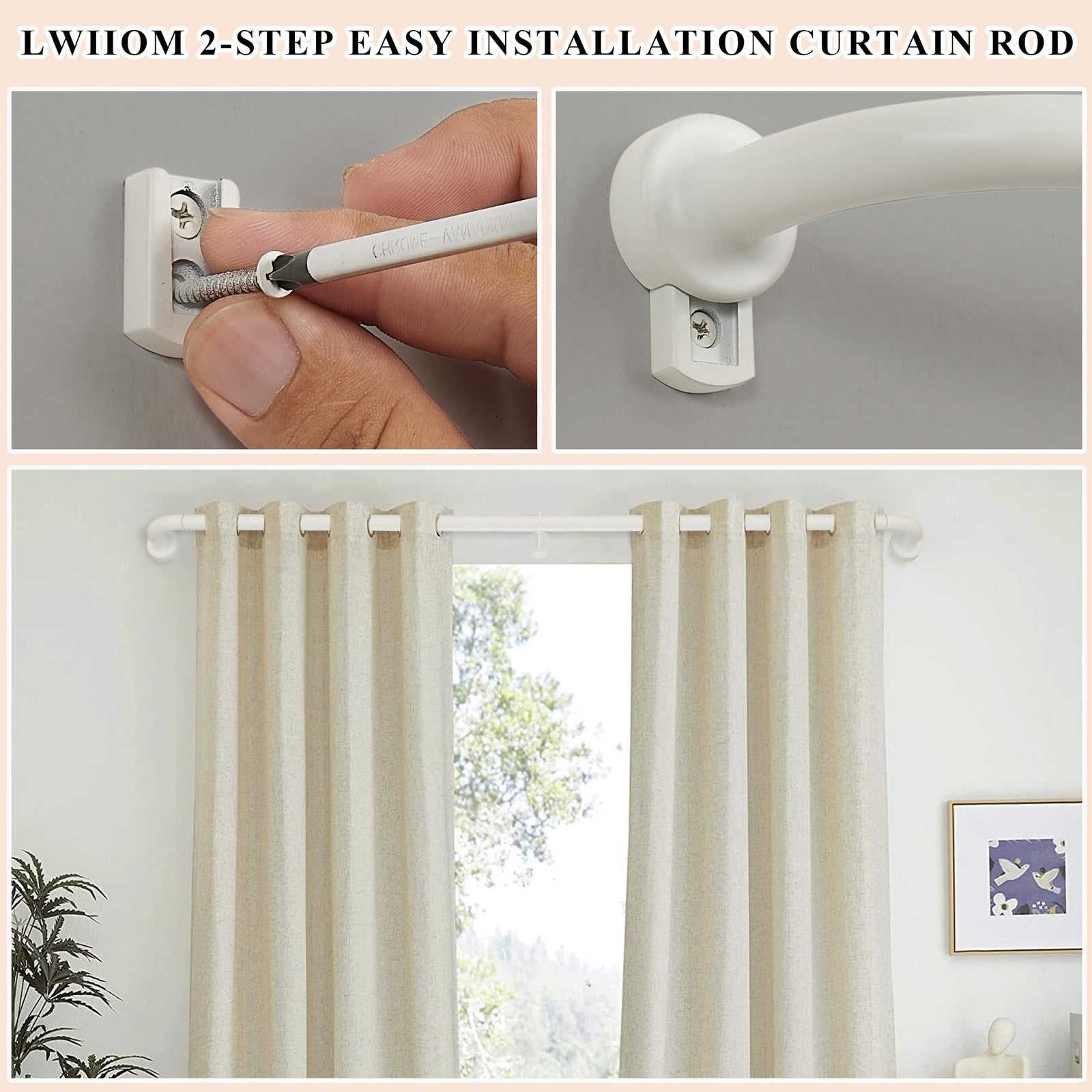 Matte white Lwiiom curtain rod for windows, 66 to 120 inches, with 1-inch disc wrap-around design and mounting hardware.
