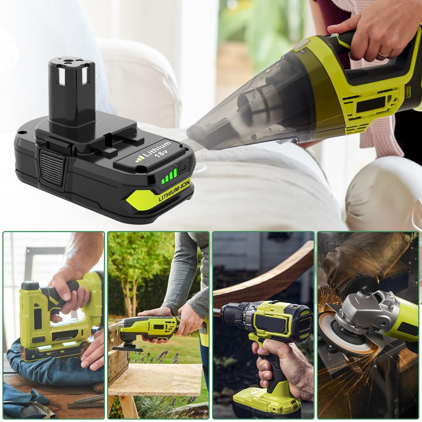 Reoben 2-pack 3.6Ah lithium batteries for Ryobi 18V power tools, showing the batteries with labels and connectors.