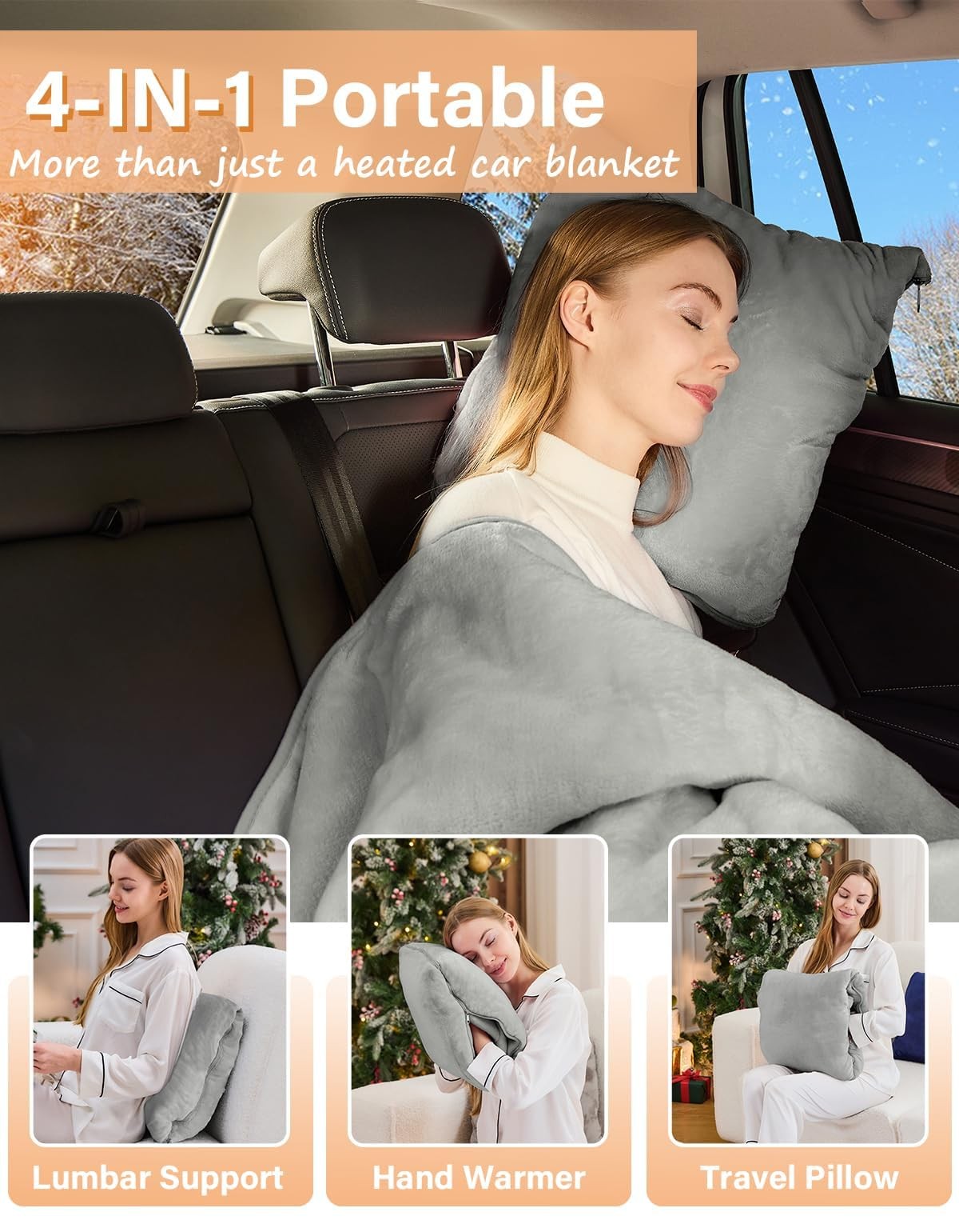 Sino Salected car heated blanket in flannel, 60x44 inches, showing portable travel blanket with 12V and 24V compatibility.