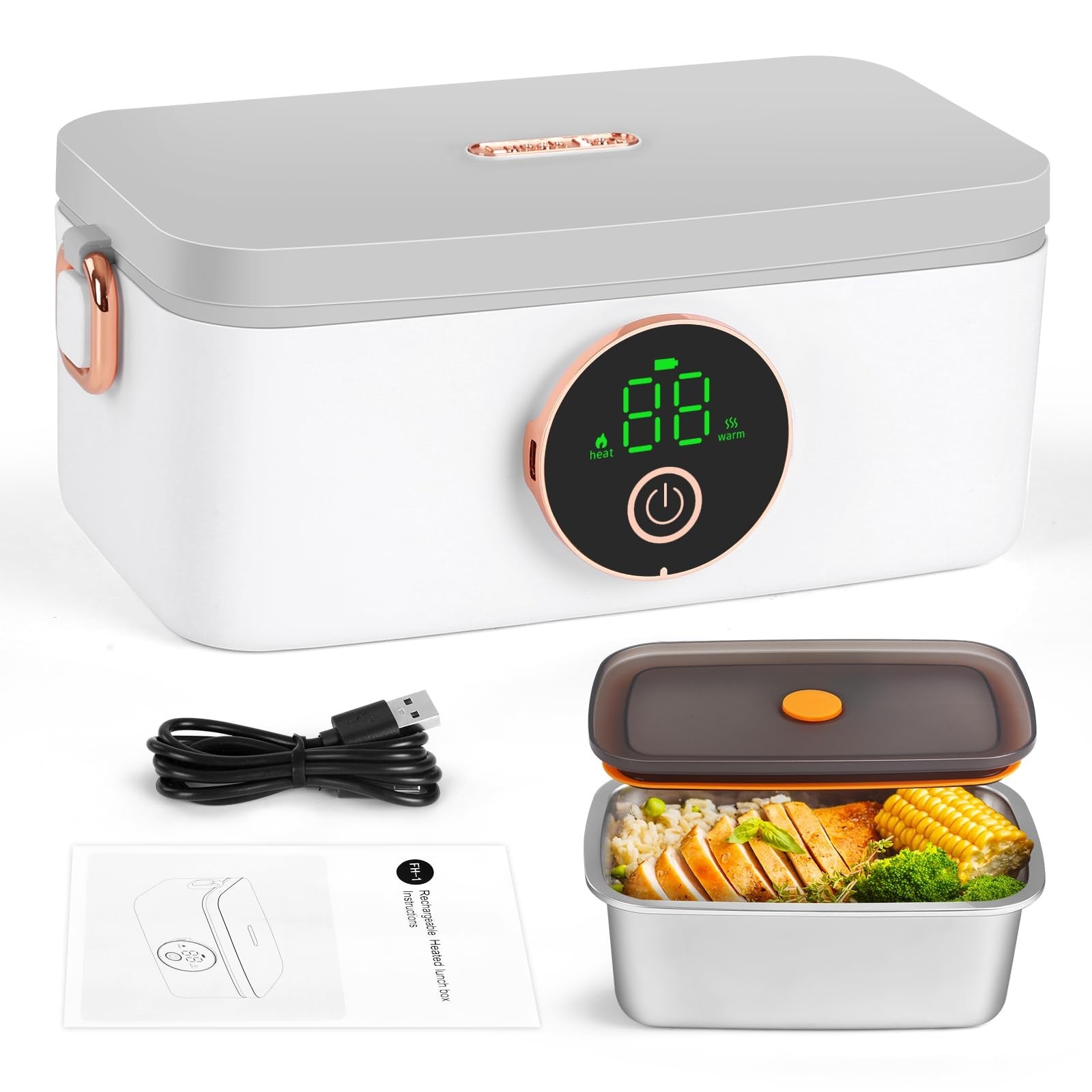 Iridesc self-heating lunch box with 1L capacity, battery-powered with automatic heat function, suitable for warm meals on the go.