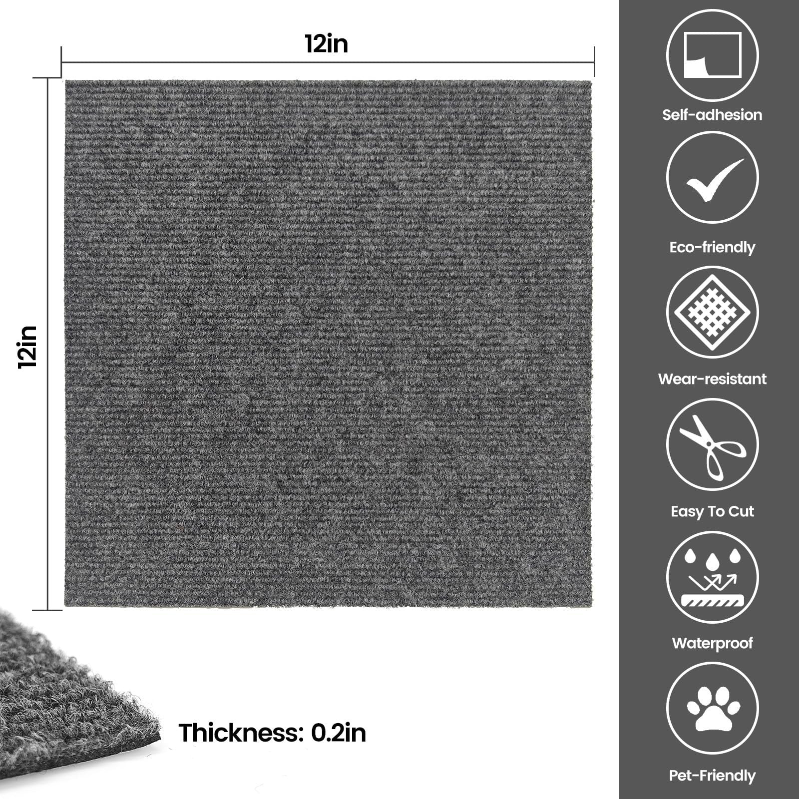 Set of 30 CvoMep peel and stick 12x12-inch carpet tiles with non-slip backing, shown in a close-up view of the self-adhesive surface.