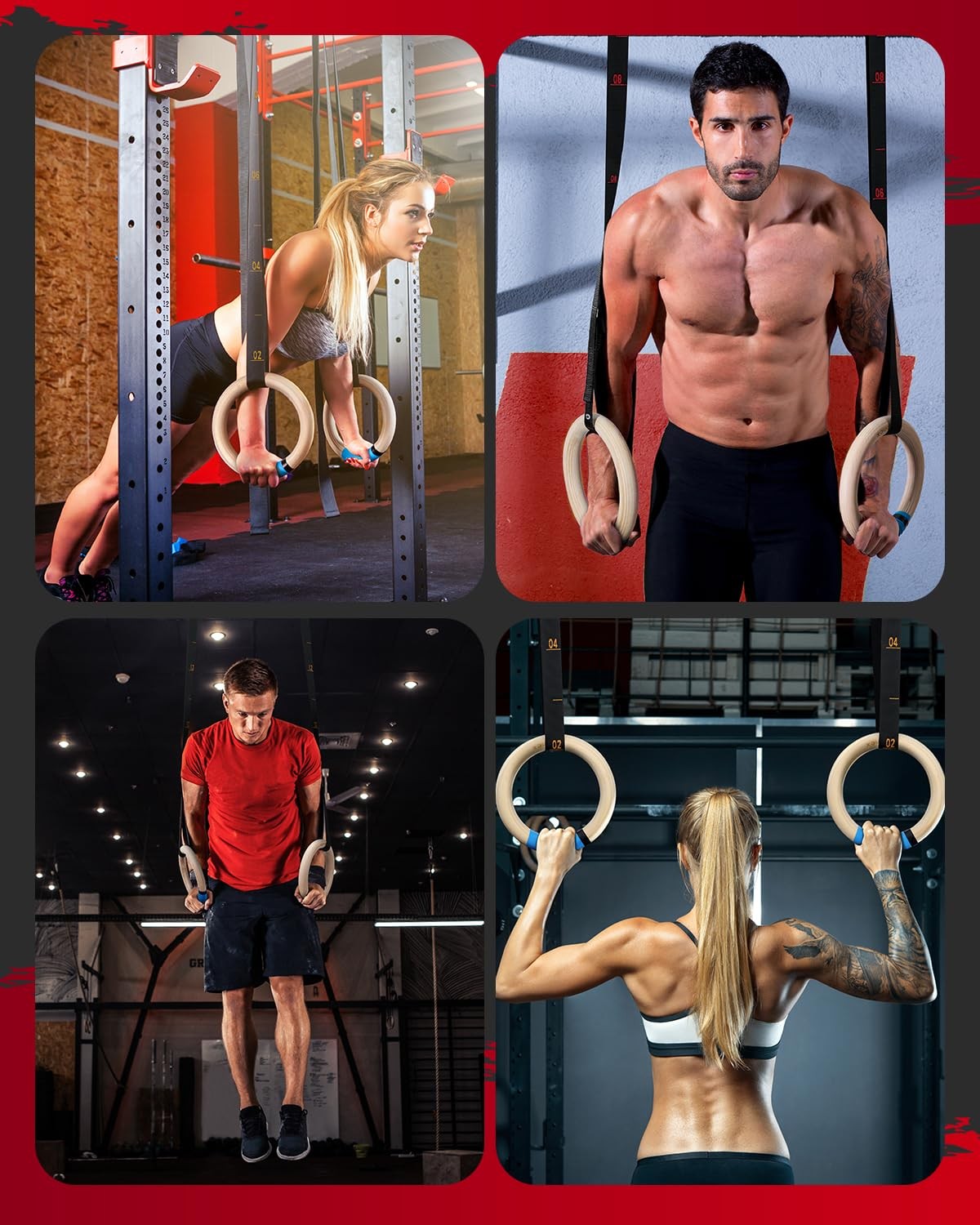 Gonex gymnastics rings with adjustable straps and cam buckle for pull-up exercises, shown hanging against a neutral background.
