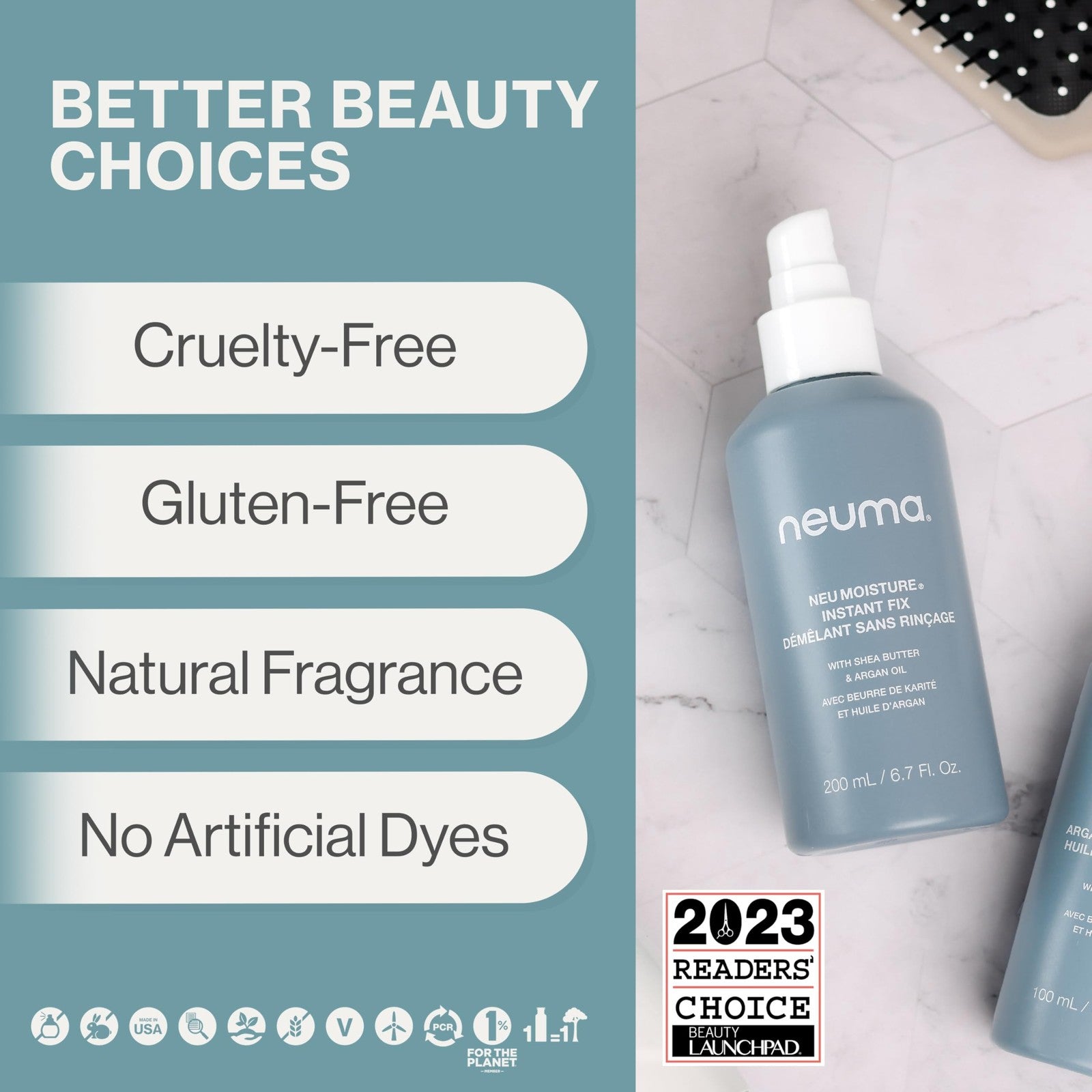 NEUMA Neu Moisture Instant Fix leave-in hair treatment spray in 6.7 fl oz bottle, detangles and nourishes hair.