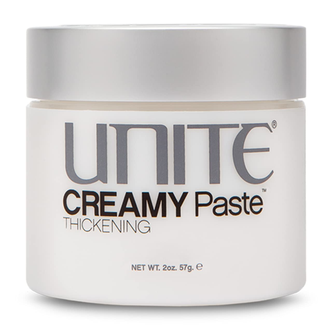 UNITE Hair Creamy Paste styling cream showing textured hair with thickness and definition, packaged in a sleek jar.