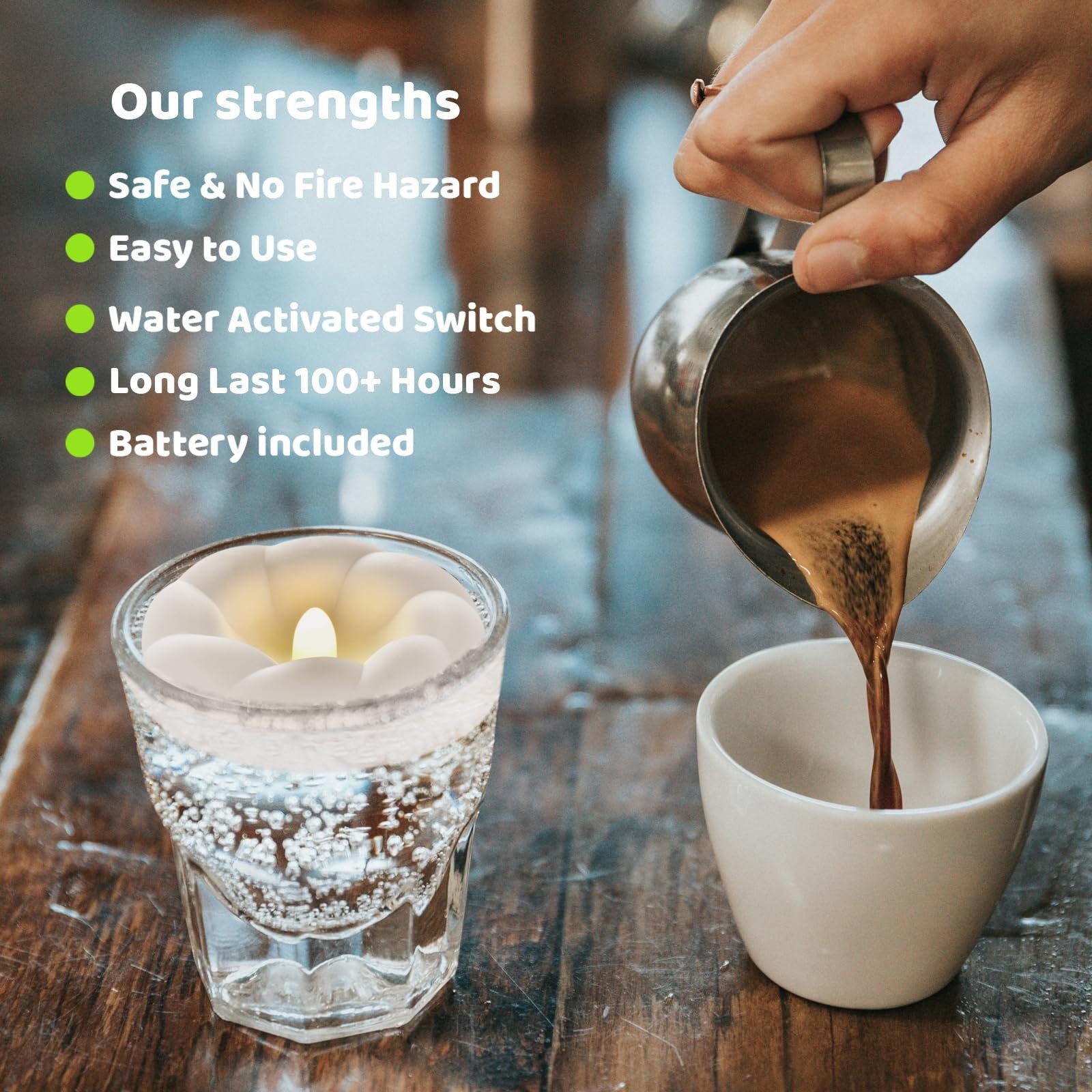 Set of 36 Tappovaly LED flameless floating candles, waterproof and flickering, 3-inch battery-operated candles on a reflective surface.