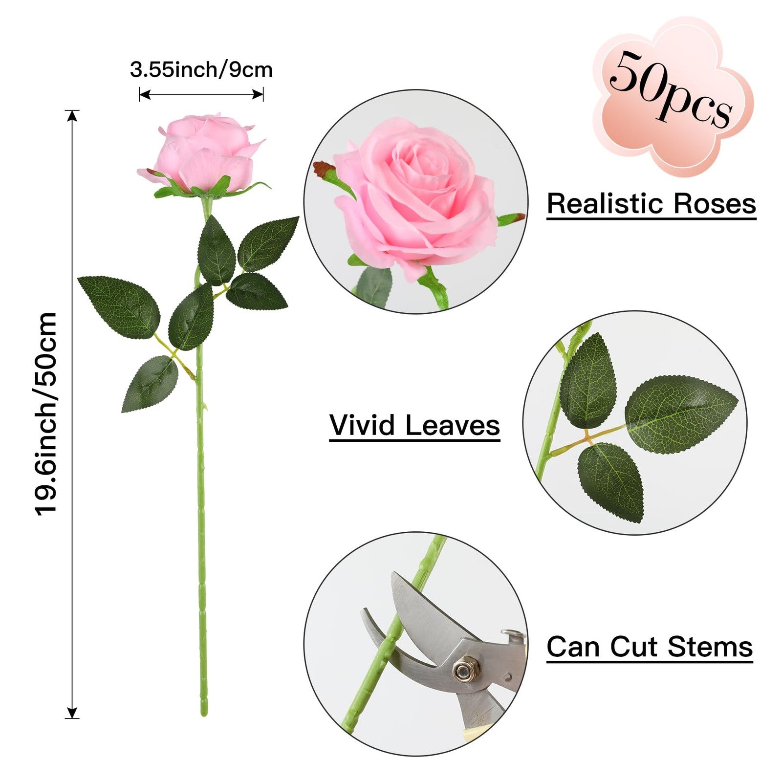 Nubry 50pcs artificial silk roses with stems, realistic fake flower bouquet for decoration or craft projects.