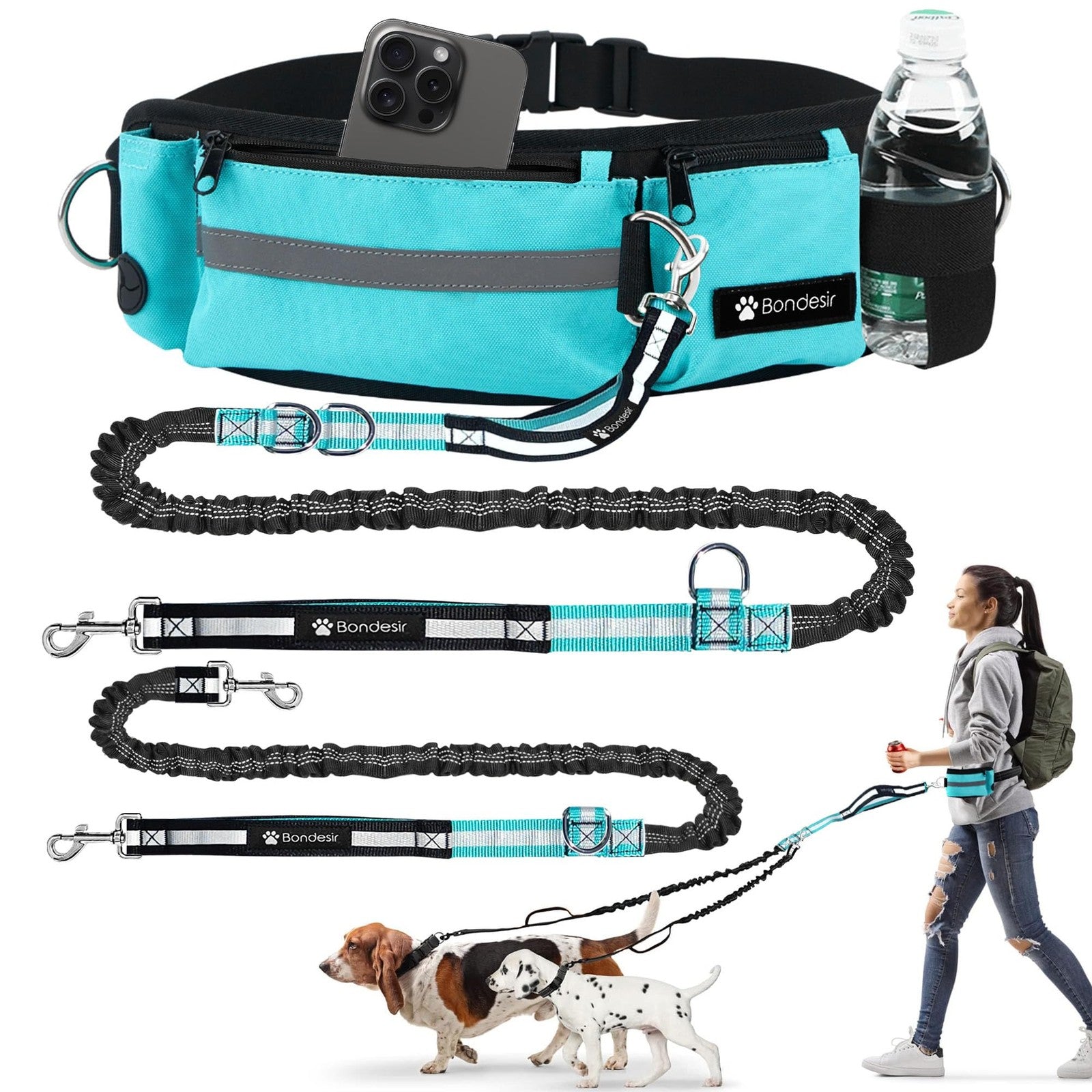 BONDESIR waist leash for double dog walking with shock absorption, suitable for small, medium, and large dogs, shown in use.