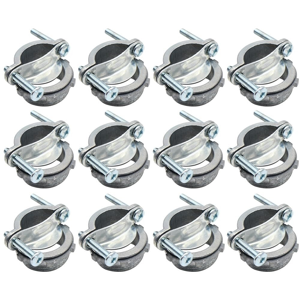 MAKERELE 12-pack 1-inch clamp type cable connectors with durable zinc finish, UL listed for reliable electrical connections.