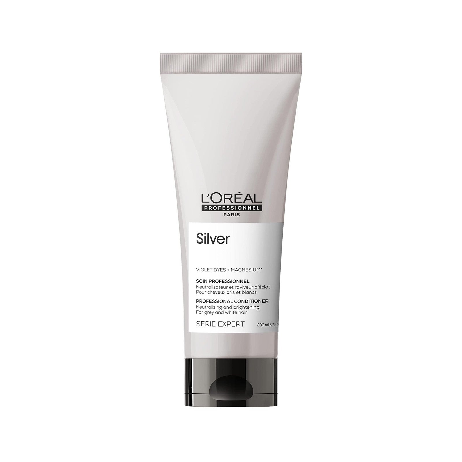 L'Oréal Professionnel Paris Color Depositing Purple Conditioner bottle, designed to neutralize yellow tones in blonde hair.