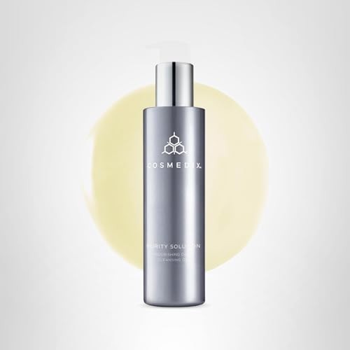 COSMEDIX Purity Solution Cleansing Oil, a 2-in-1 makeup remover and hydrating facial oil, shown in a clear bottle with a pump dispenser.
