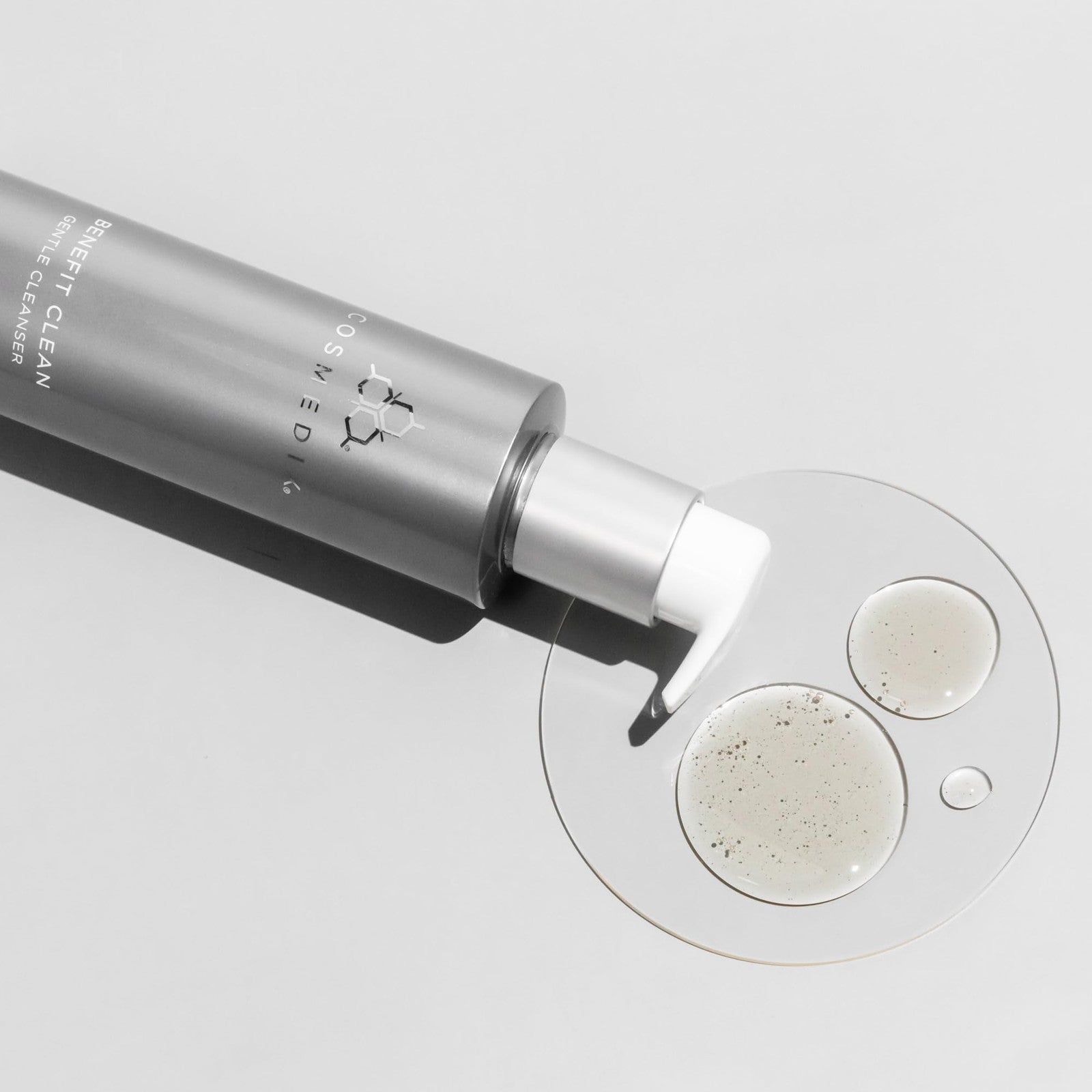 COSMEDIX Benefit Clean gentle face wash gel, hydrating cleanser for women and men, showing the clear gel in a pump bottle.