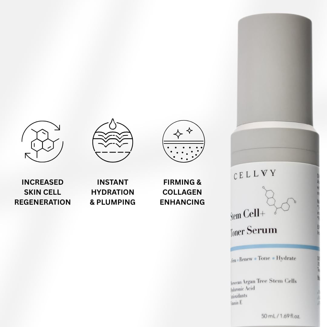 CELLVY Korean Stem Cell and Toner Serum with Moroccan Argan Tree Stem Cells and Hyaluronic Acid, in a clear pump bottle.