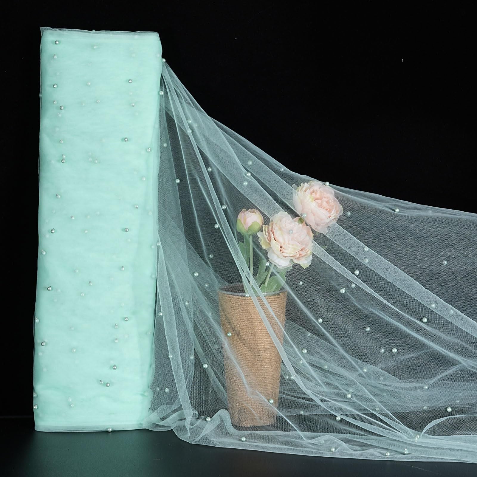 Light green pearl tulle fabric by B-COOL, 10 yards of sheer mesh material ideal for sewing, DIY crafts, and craft projects.