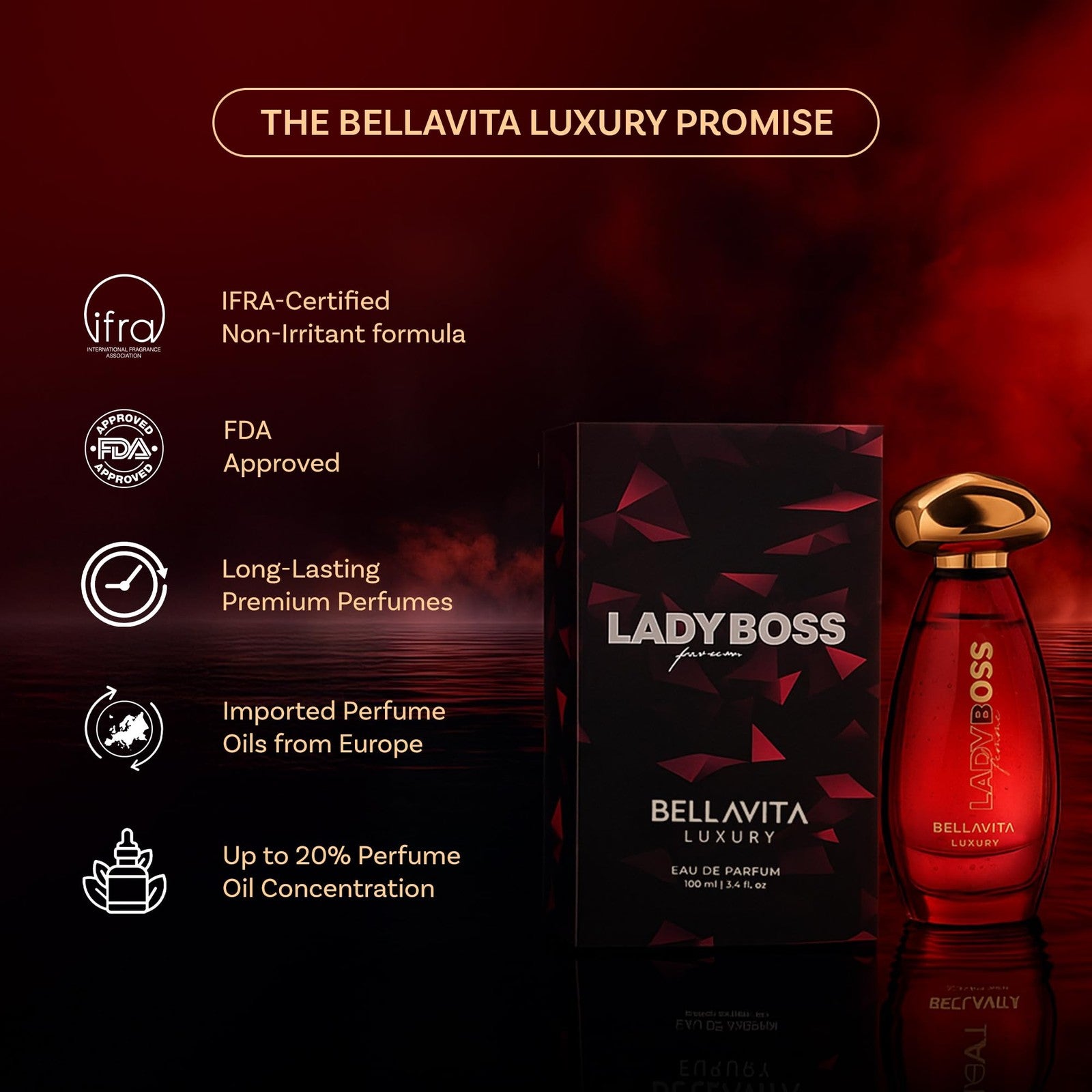 Bella Vita Luxury Lady Boss Femme EDP perfume bottle for women with elegant floral and woody scent, showcasing the fragrance design.