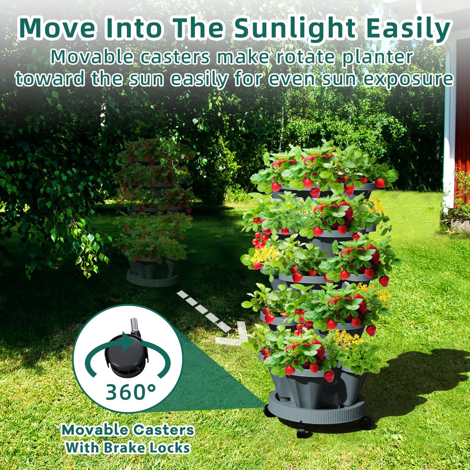 Tectsia strawberry vertical planter tower with seven stackable tiers, ideal for growing strawberries and herbs indoors or outdoors.