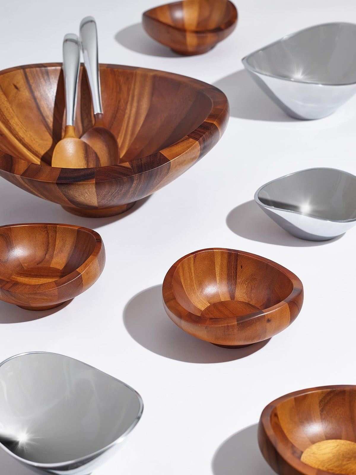 Nambe Tri-Corner Bowl made of metal alloy, large silver serving bowl for side dishes, with sleek geometric design.