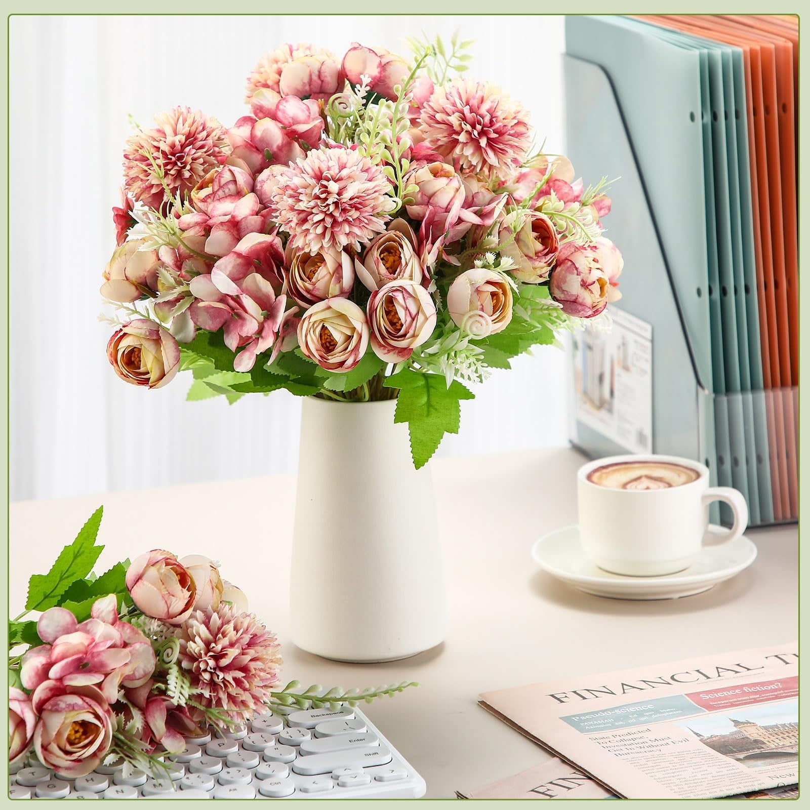 Tigeen 12 bundles of artificial peonies, roses, hydrangea silk flowers with vibrant pink and white blooms, realistic floral arrangement