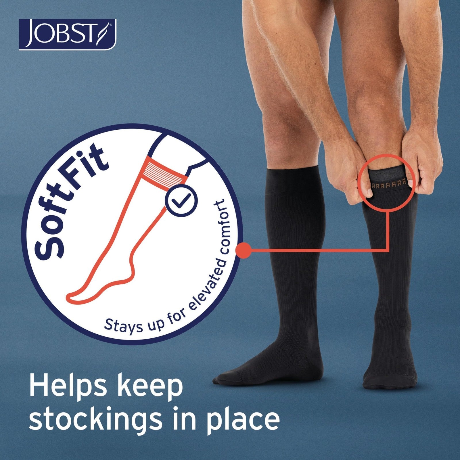 JOBST forMen compression socks, knee-high with SoftFit band, 15-20 mmHg, closed toe design for improved leg support and comfort.
