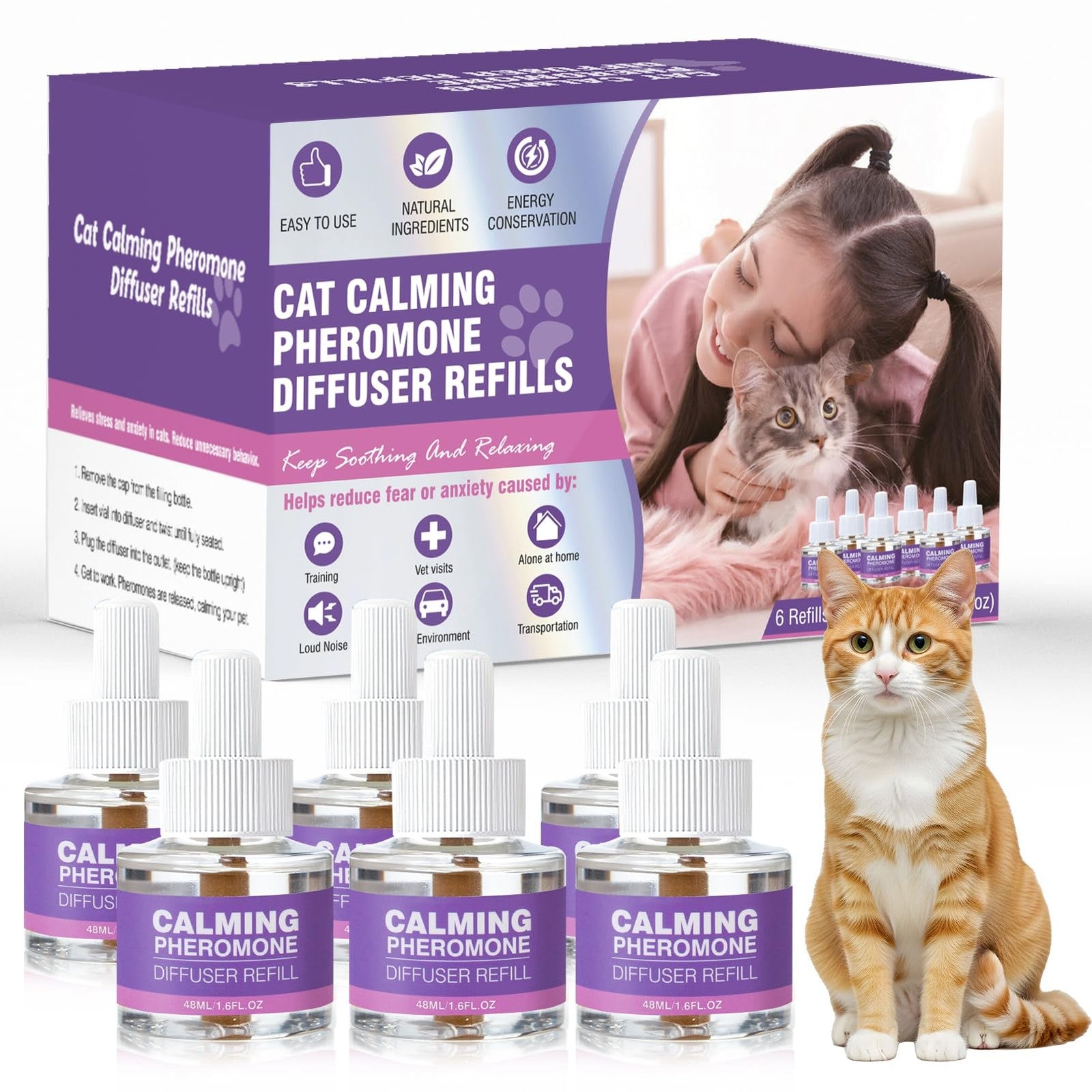 TTLXRL cat pheromone calming diffuser refills, 6-pack, designed to reduce stress and promote relaxation in cats.