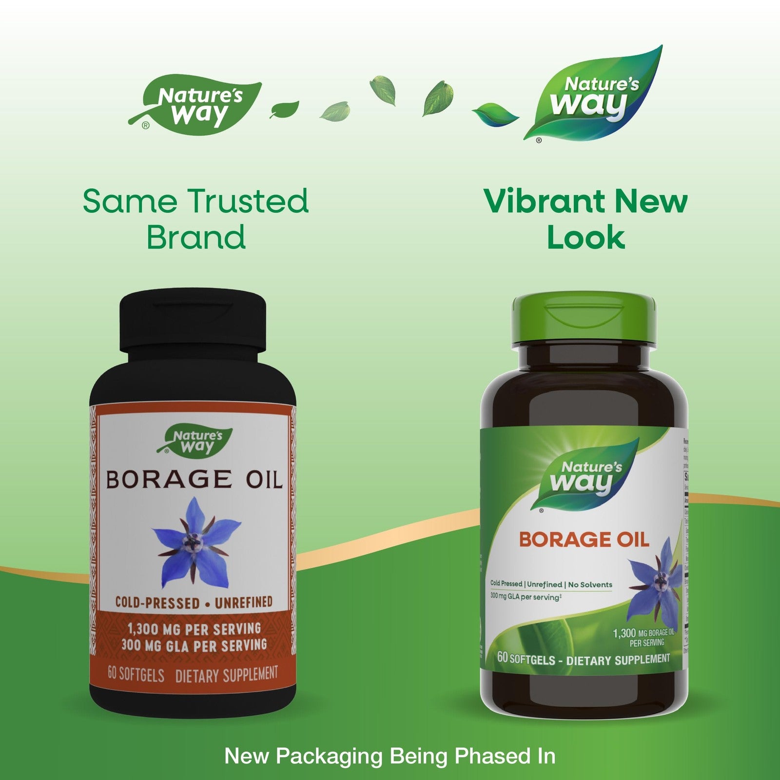 Nature's Way Borage Oil supplement bottle with label, showing cold-pressed, unrefined borage seed oil capsules, 300 mg GLA.