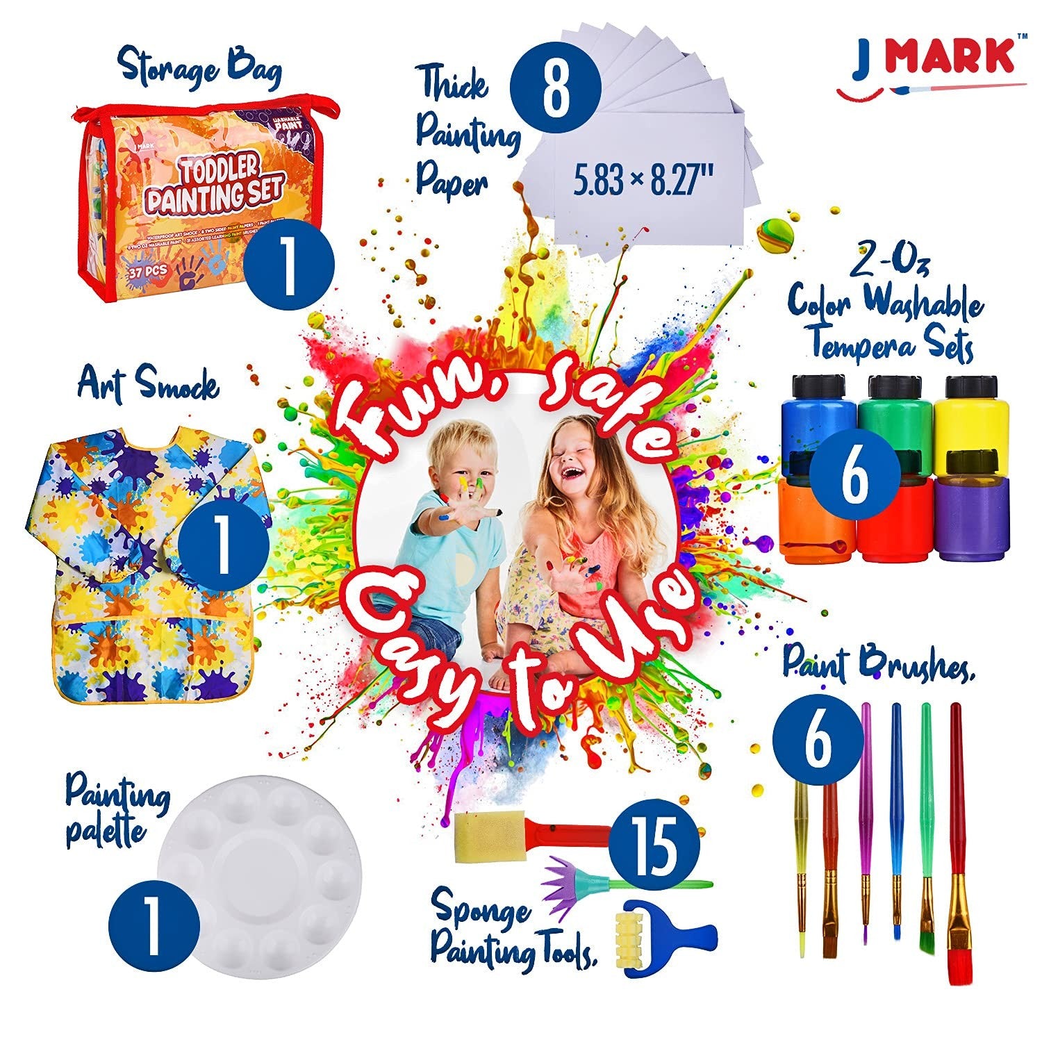 J MARK all-included 32-piece toddler painting set with spill-resistant paint cups, featuring colorful paints and brushes for young artists.