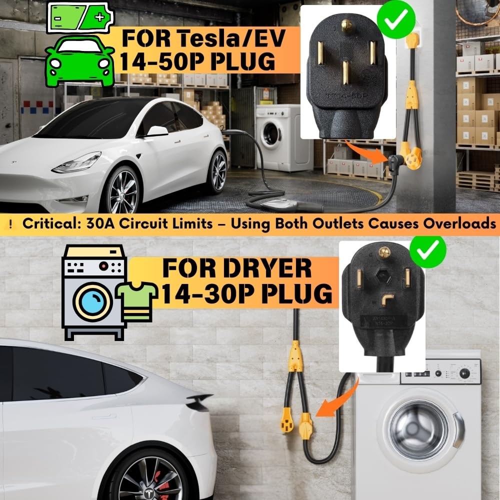 Unbranded Mecmo Nema 14-30P to 14-50R EV and 14-30R 4-Prong Dryer Outlet Splitter showing multiple outlet connectors