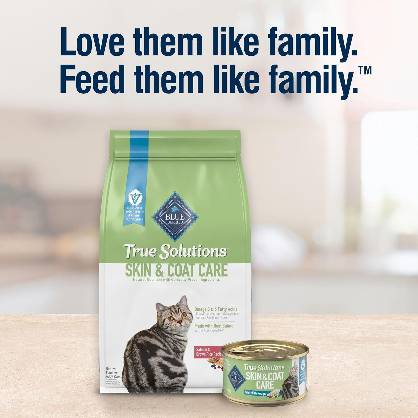 Blue Buffalo True Solutions Skin & Coat adult wet cat food with whitefish in a can, designed to support healthy skin and shiny coat.