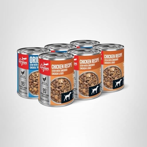 Assorted ORIJEN premium wet dog food cans, including original and chicken recipes, 12.8oz each in a variety pack.