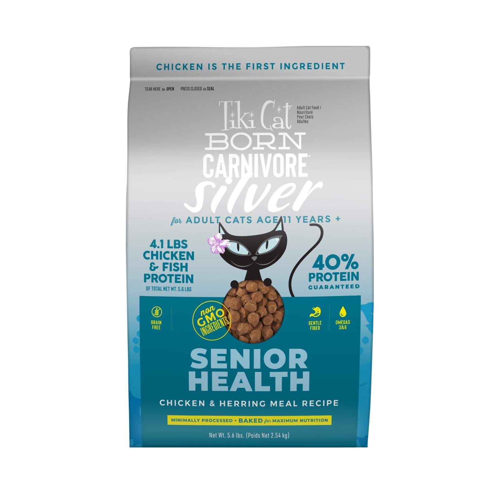 Tiki Cat Silver Senior Health dry cat food with chicken and herring in a 5.6lb bag, designed for adult and senior cats.