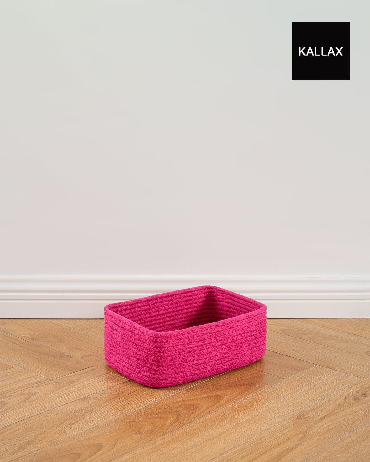 Set of three small woven storage baskets from KALLAX, 12x8x4.5 inches, ideal for organizing with rope handles.