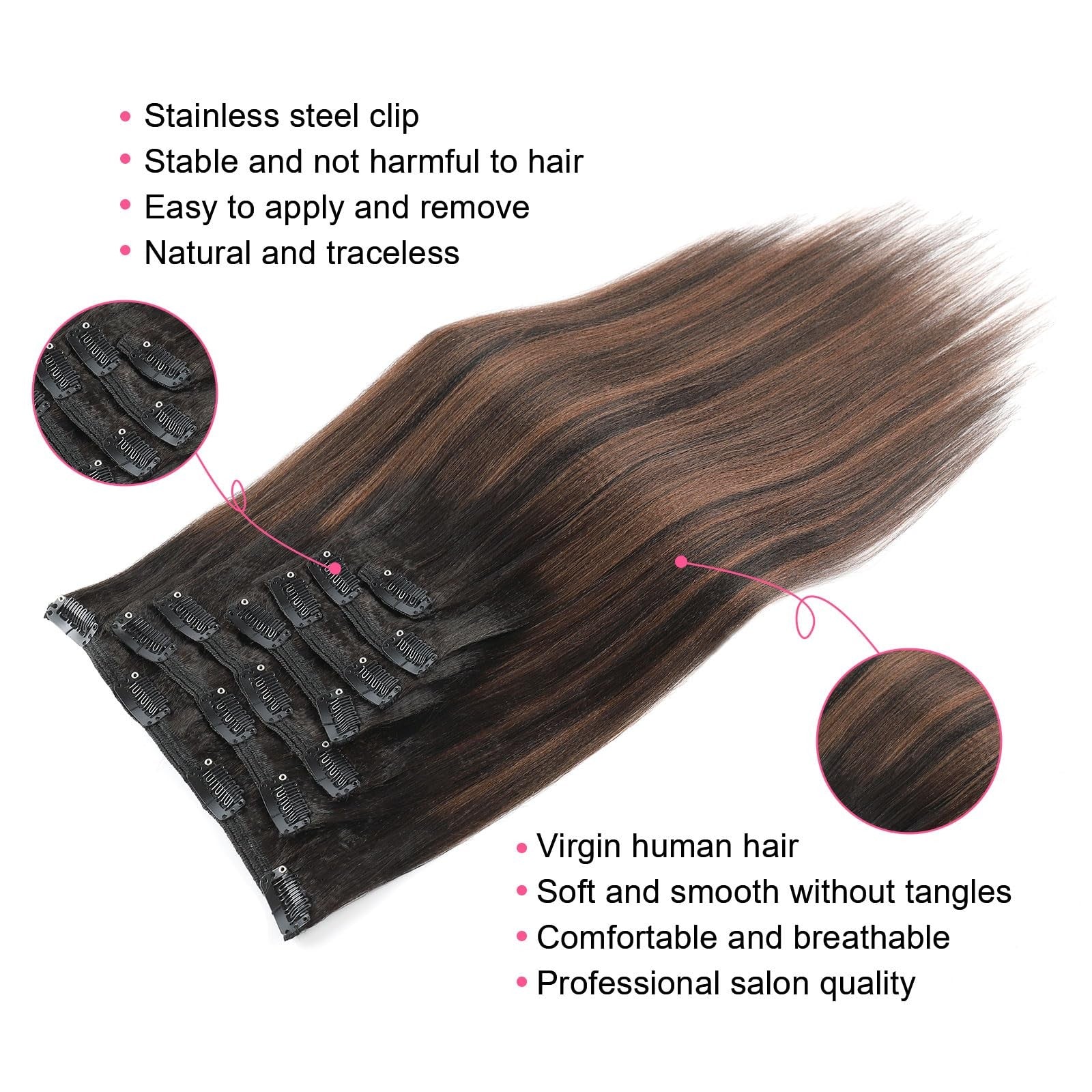 ABH AMAZINGBEAUTY HAIR Yaki Straight Clip-in Extensions in rooted black with natural black piano finish, showing the hair strands and clips.