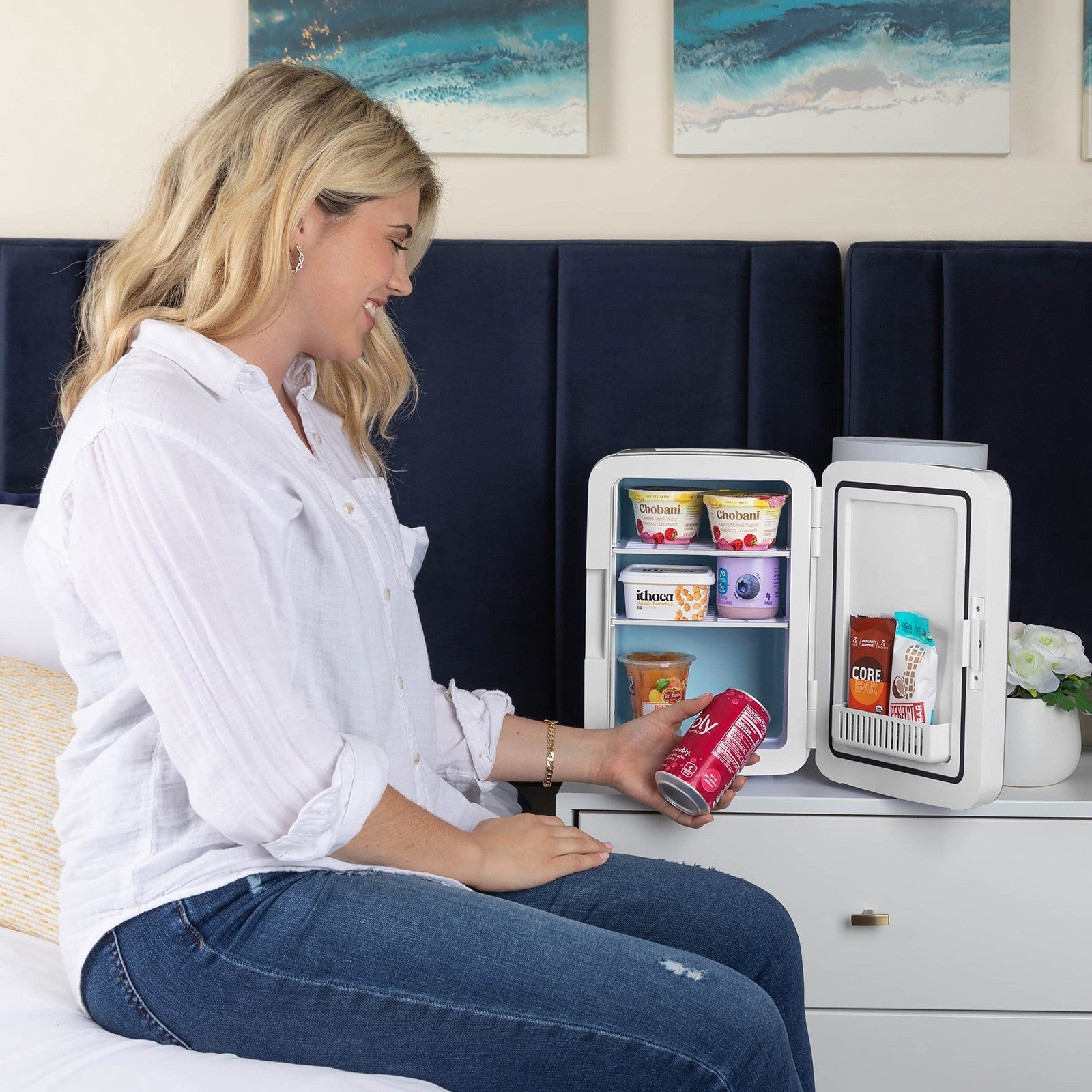 Cooluli 10L mini fridge for bedroom, car, or desk, showing compact white portable fridge with control panel and handle.