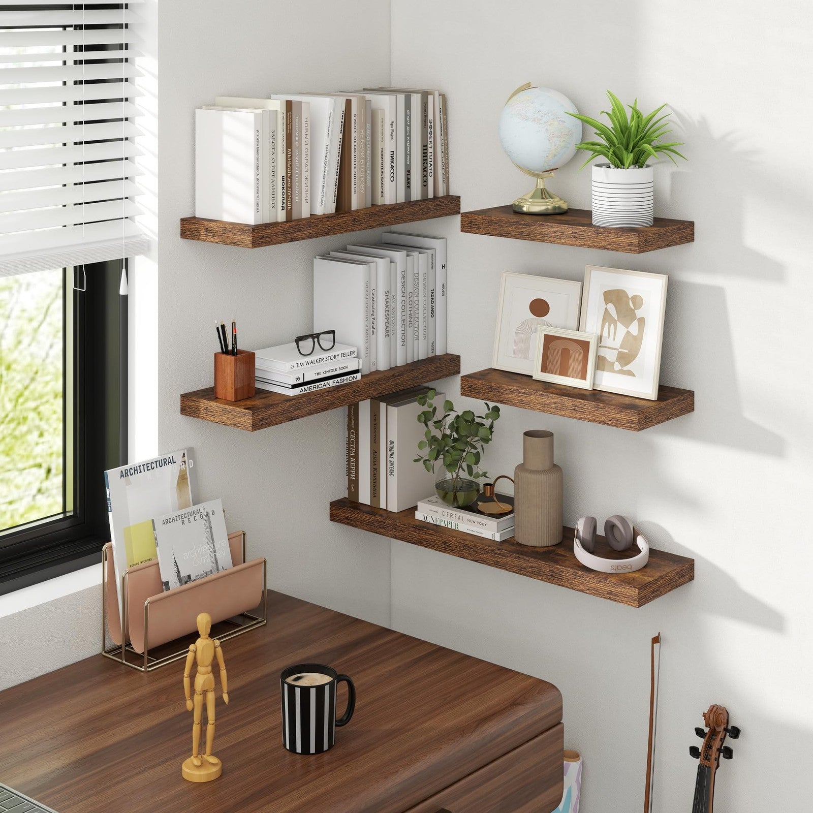Acovy 24-inch floating wall shelves, 8-inch deep, showcasing modern wooden design and wall-mounted installation