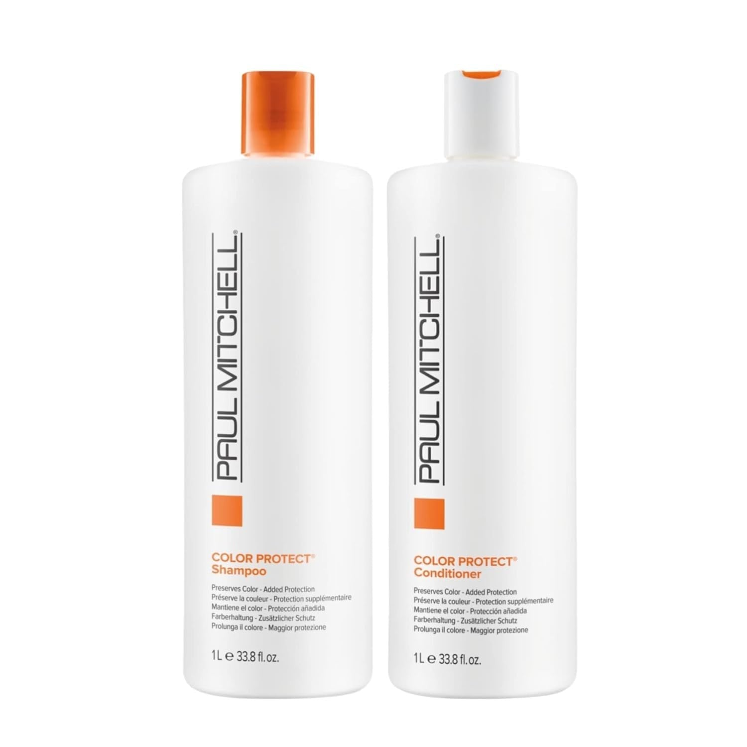 Paul Mitchell Color Protect Shampoo and Conditioner set with bottles showing the product labels and packaging for color protection.