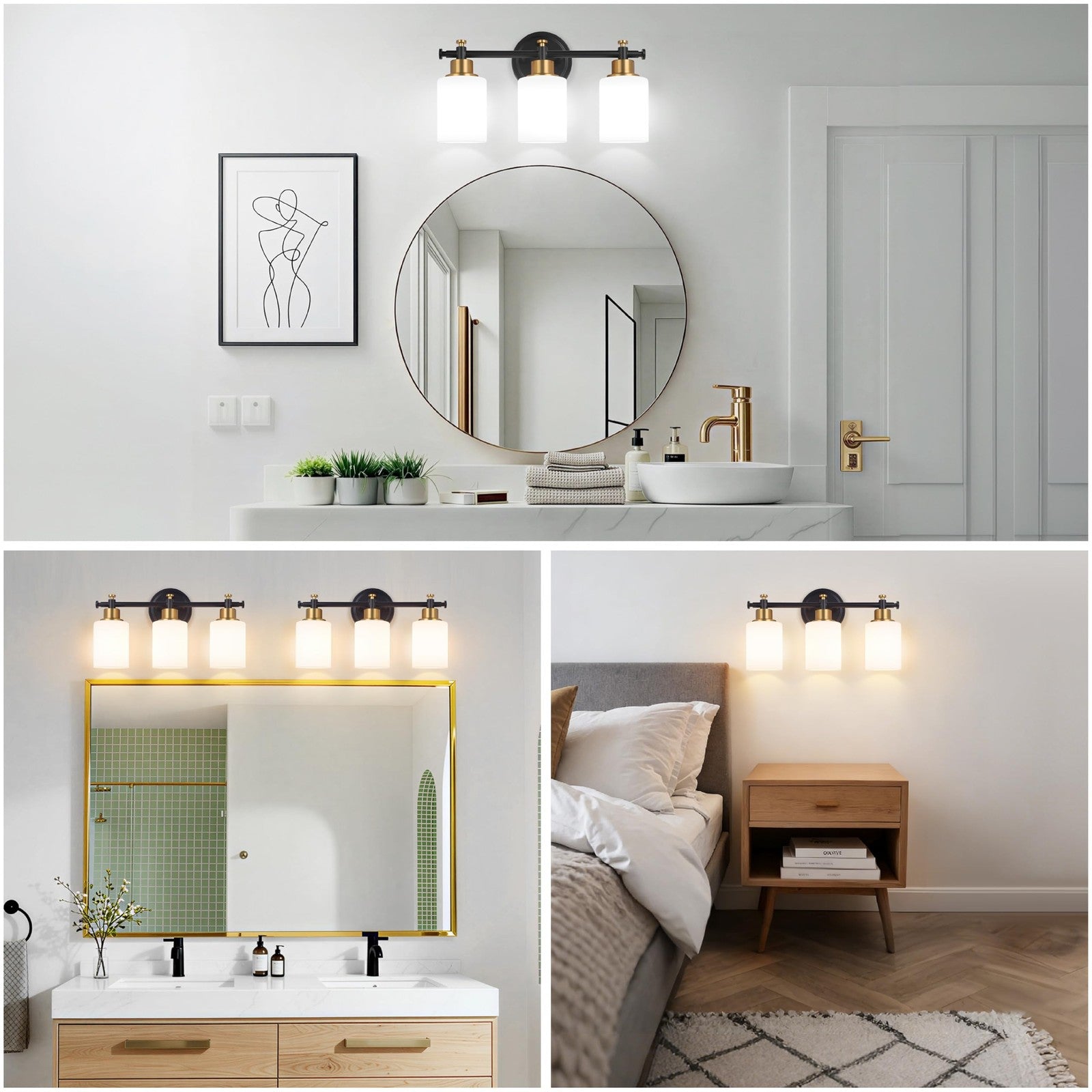 Imizdlum 3-light bathroom vanity light fixture with black and gold finish, featuring modern design and exposed bulbs for stylish illumination.