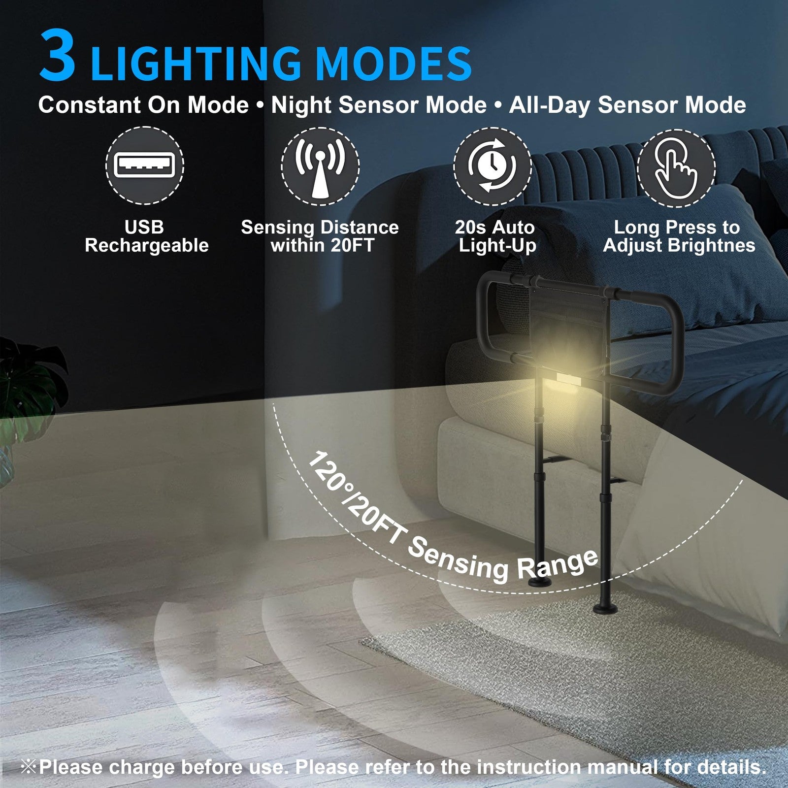 Heavy-duty bed rails for elderly adults with motion sensor light support up to 400 lbs, providing safety and stability.